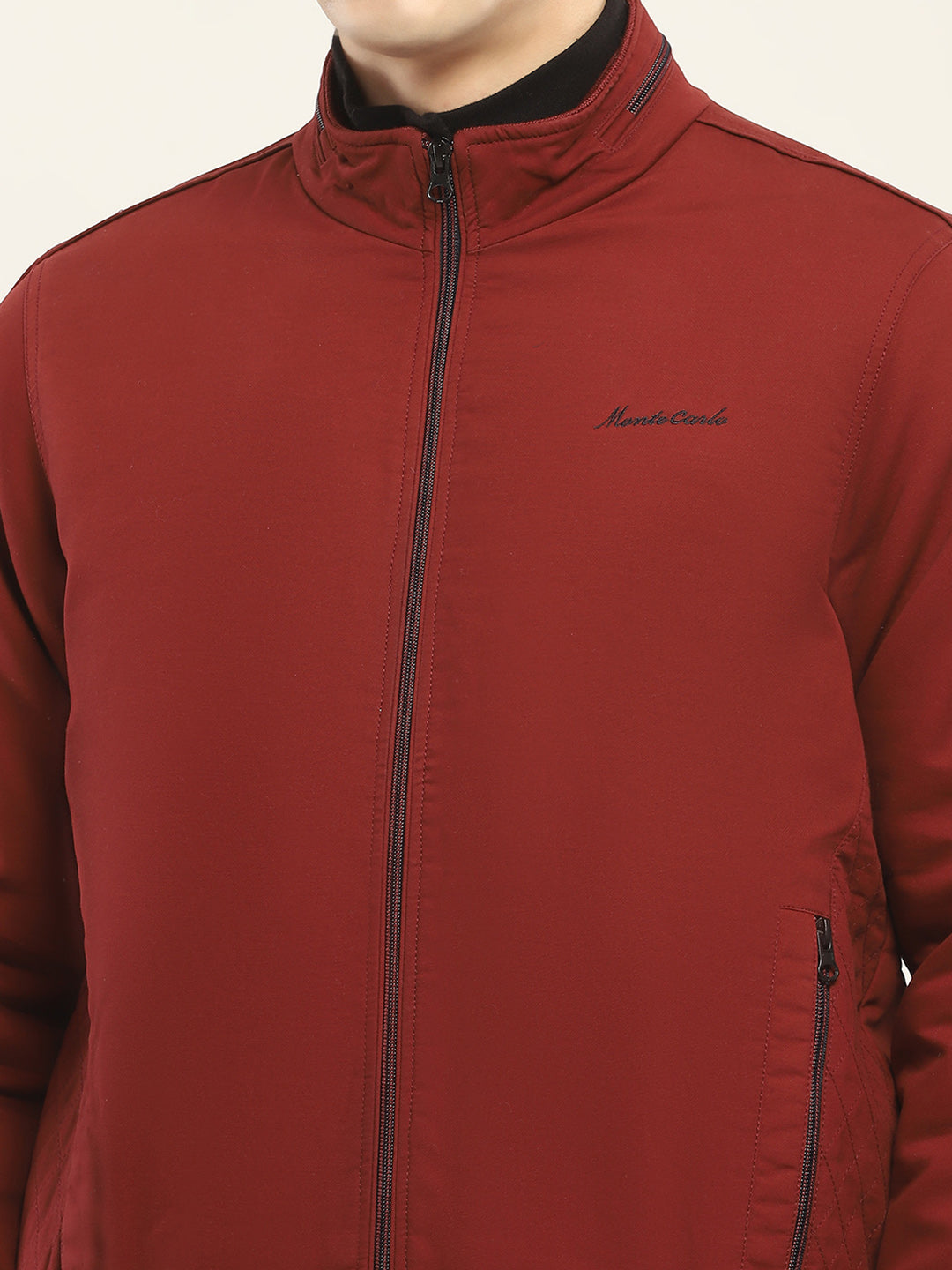Men Rust Solid Mock Neck Full Sleeve Jacket