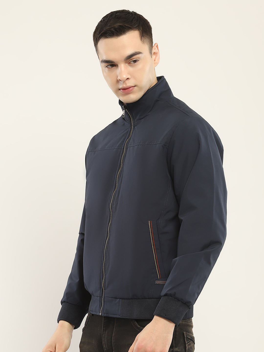 Men Navy Blue Solid Mock Neck Full Sleeve Jacket