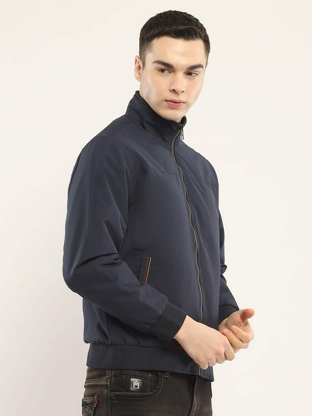 Men Navy Blue Solid Mock Neck Full Sleeve Jacket
