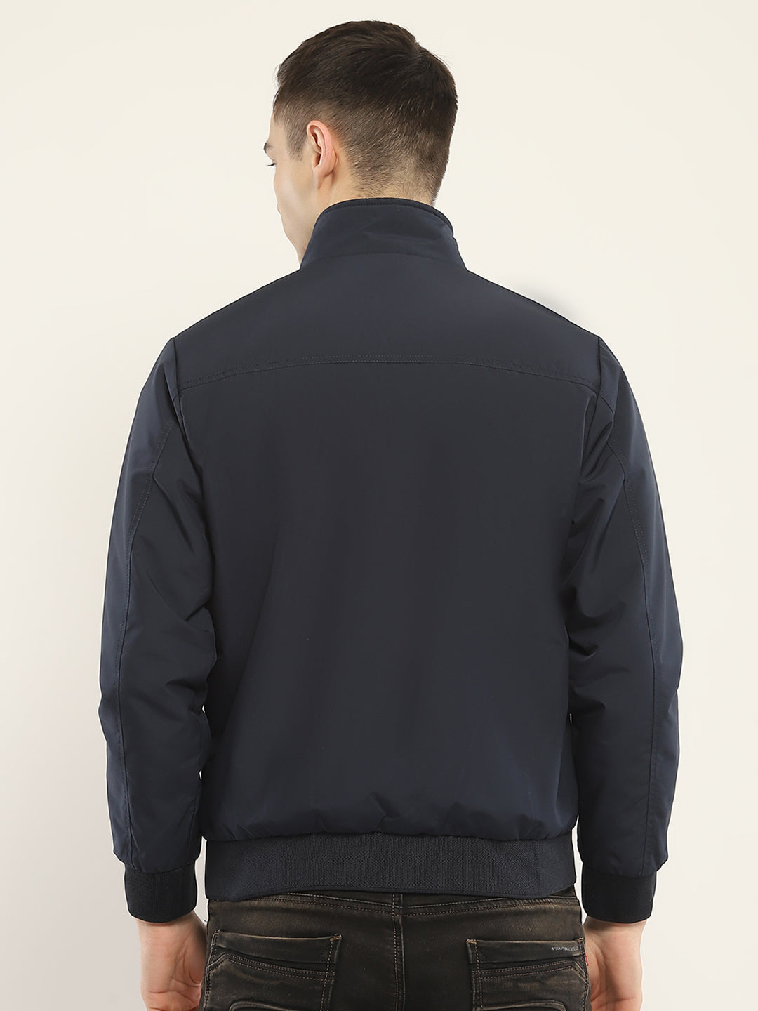 Men Navy Blue Solid Mock Neck Full Sleeve Jacket