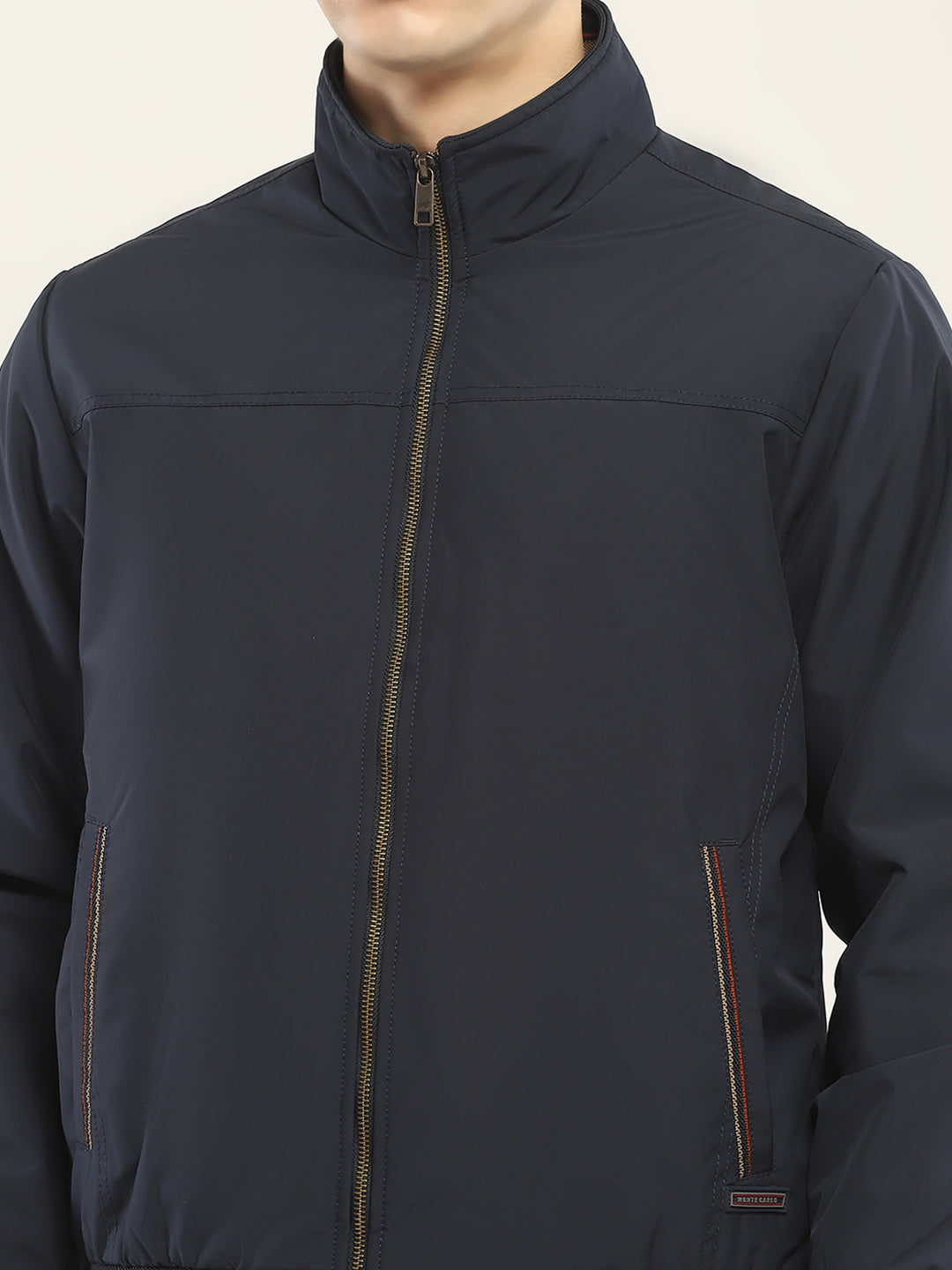 Men Navy Blue Solid Mock Neck Full Sleeve Jacket