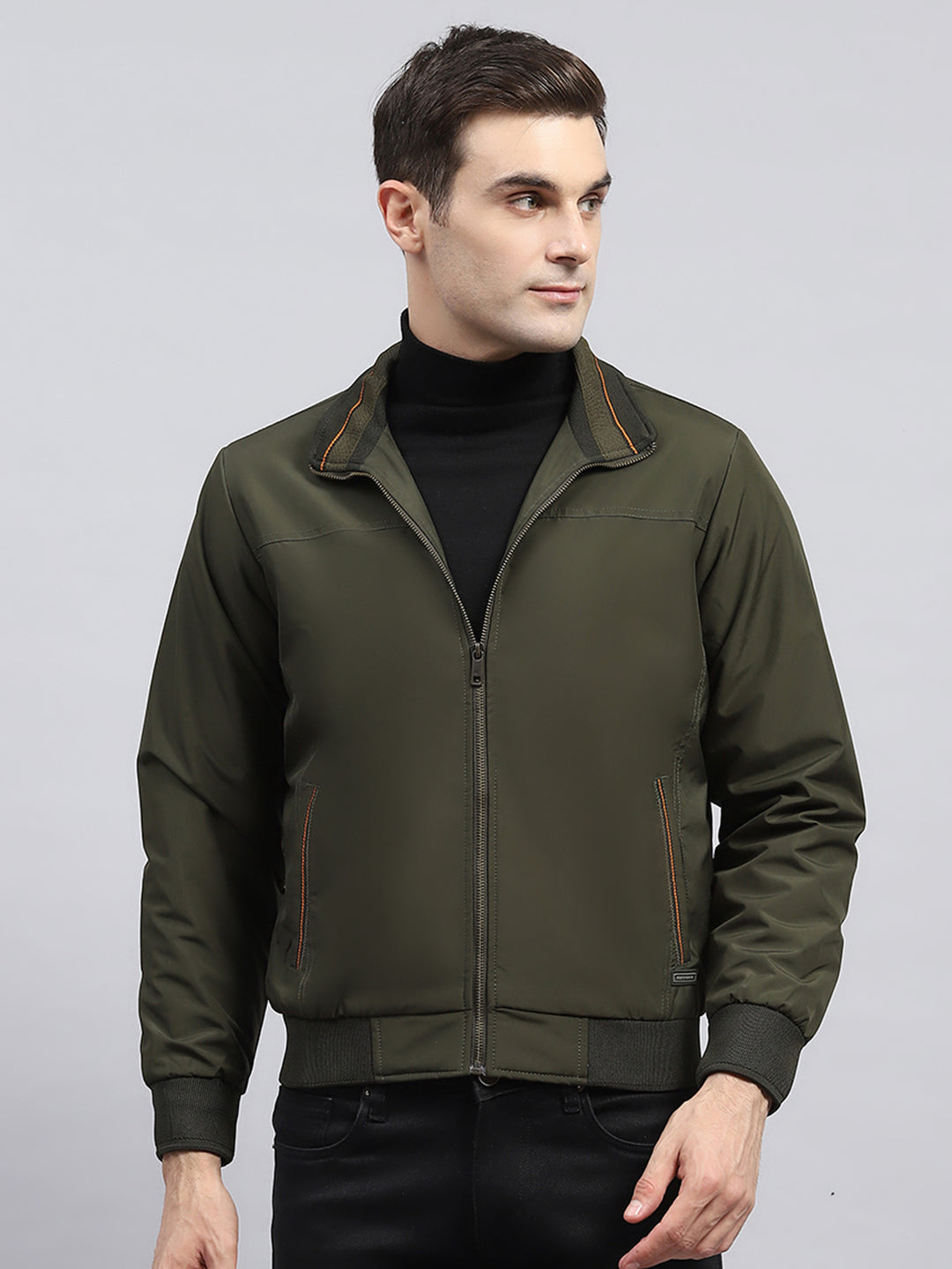 Men Olive Solid Mock Neck Full Sleeve Jacket