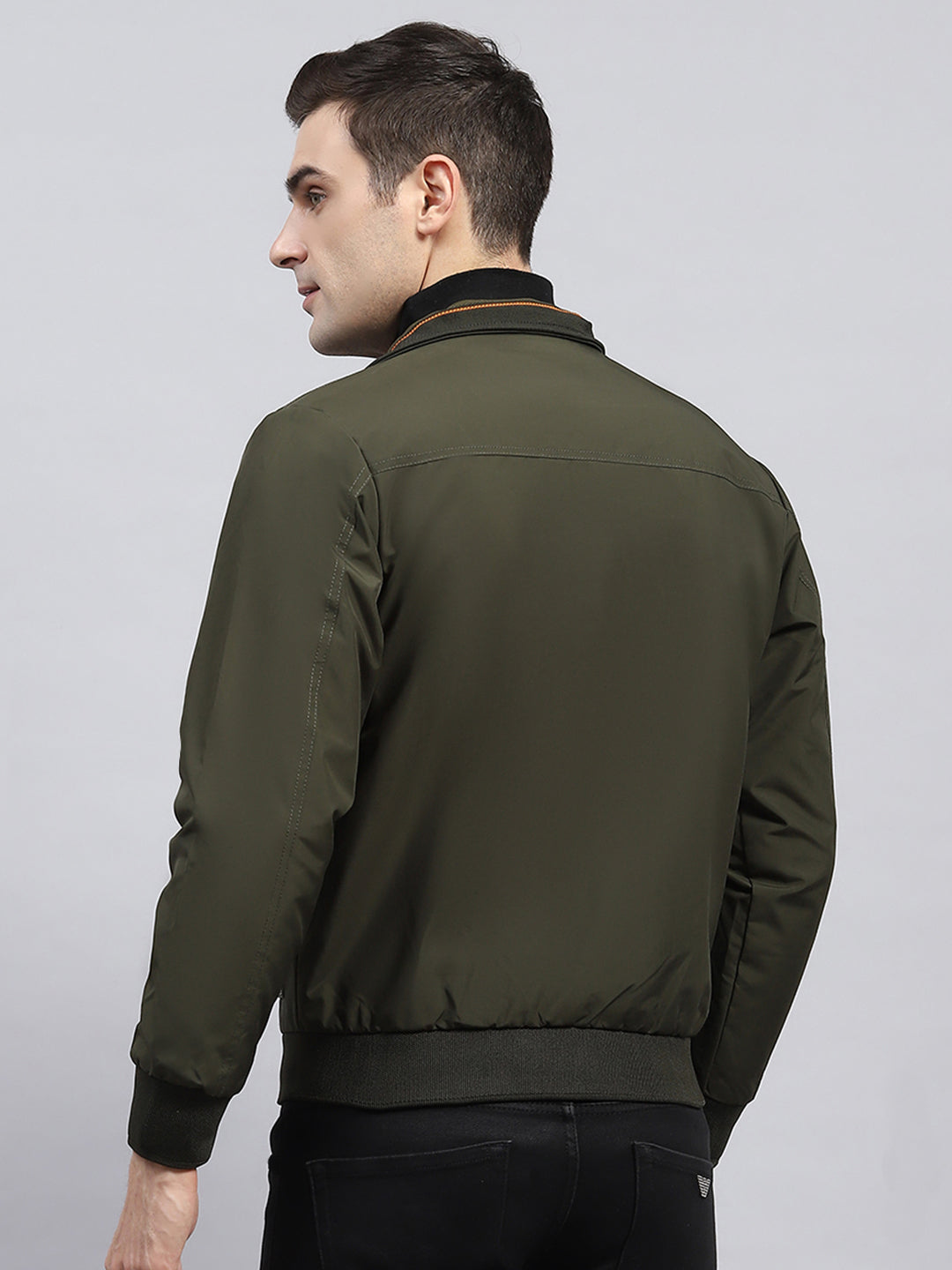 Men Olive Solid Mock Neck Full Sleeve Jacket