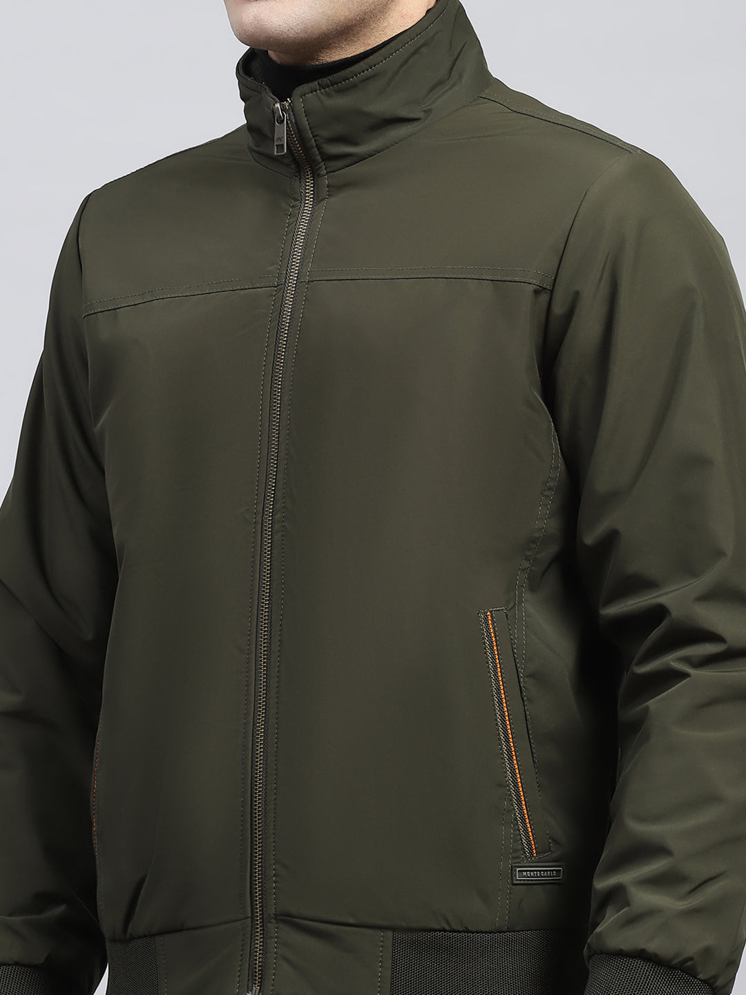 Men Olive Solid Mock Neck Full Sleeve Jacket