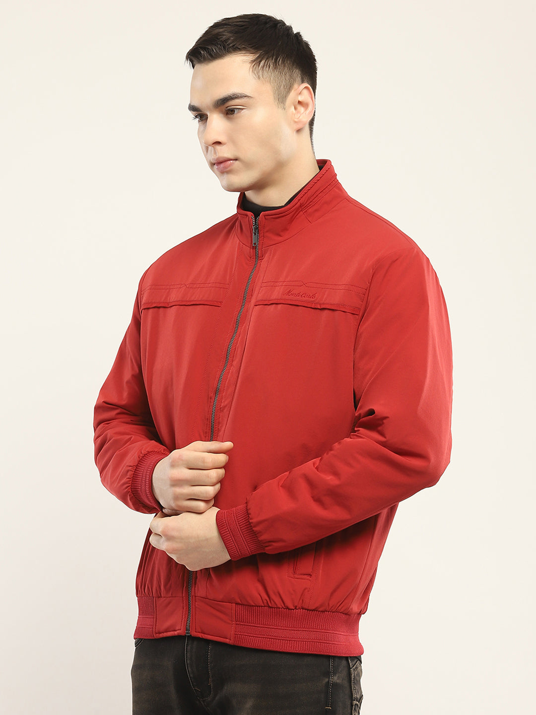 Men Red Solid Mock Neck Full Sleeve Jacket