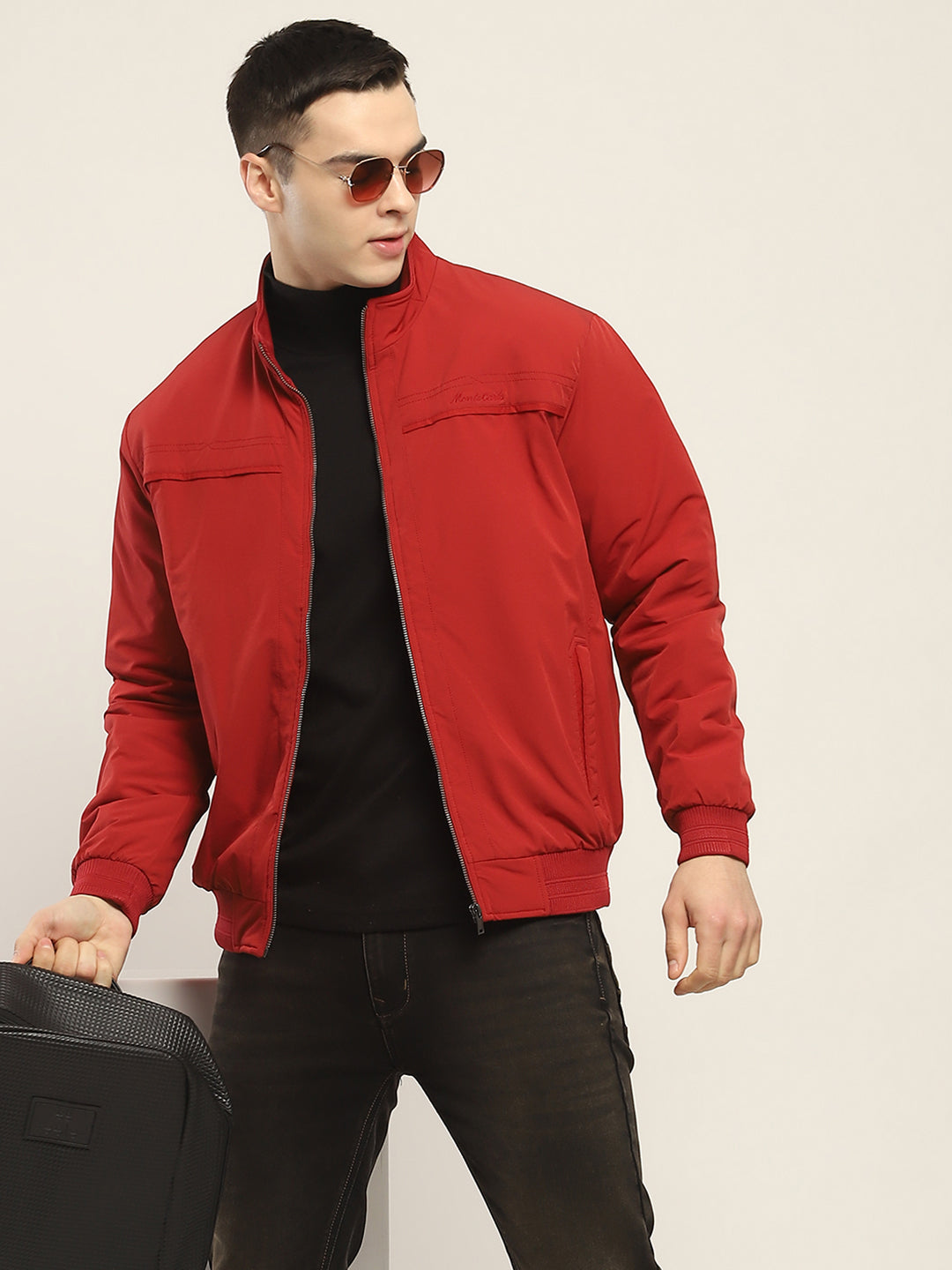 Men Red Solid Mock Neck Full Sleeve Jacket