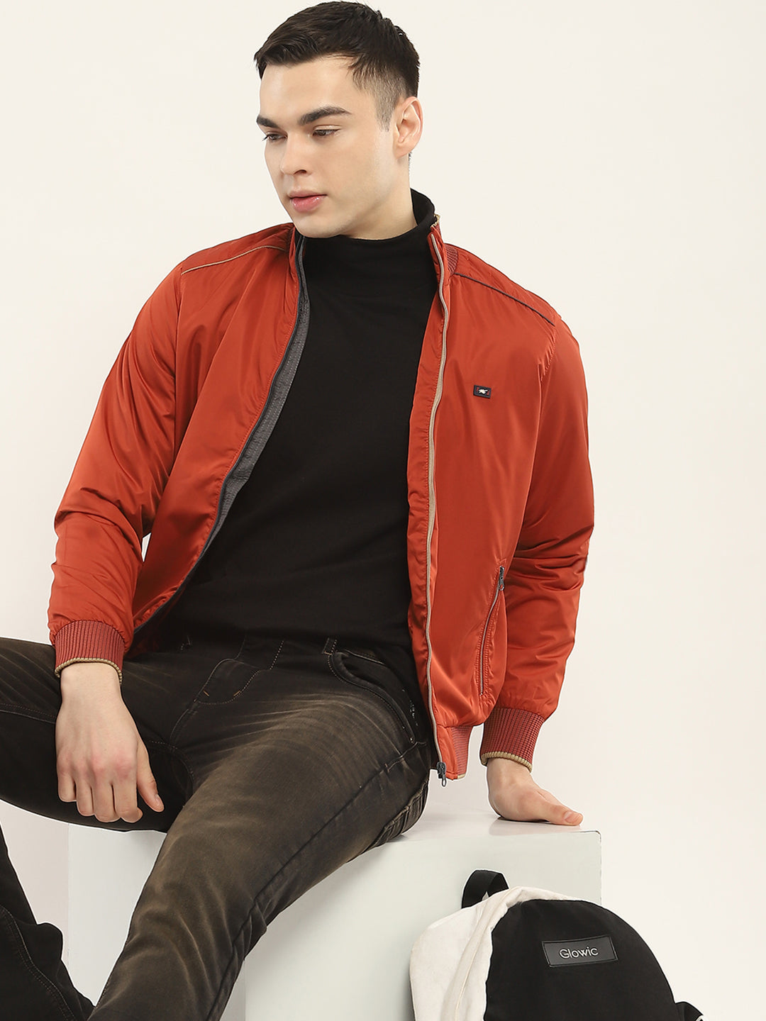 Men Rust Solid Mock Neck Full Sleeve Jacket