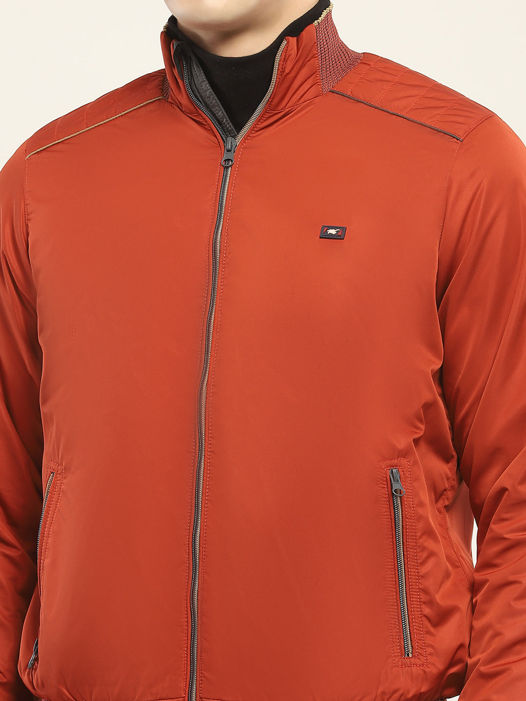 Men Rust Solid Mock Neck Full Sleeve Jacket
