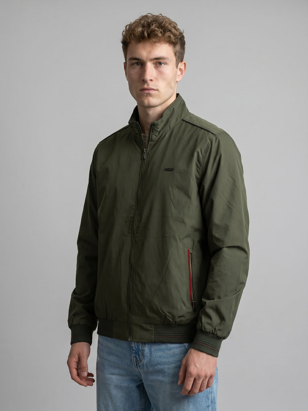 Men Olive Solid Collar Full Sleeve Bomber Jacket