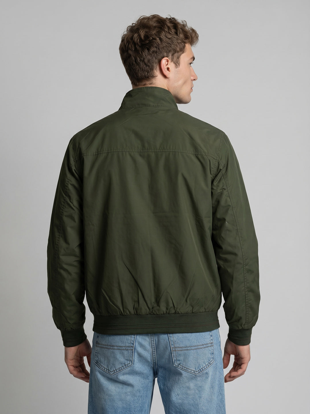 Men Olive Solid Collar Full Sleeve Bomber Jacket