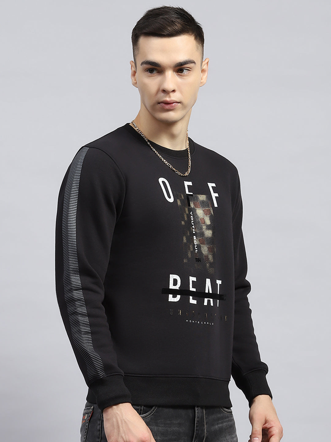 Men Black Printed Round Neck Full Sleeve Sweatshirt