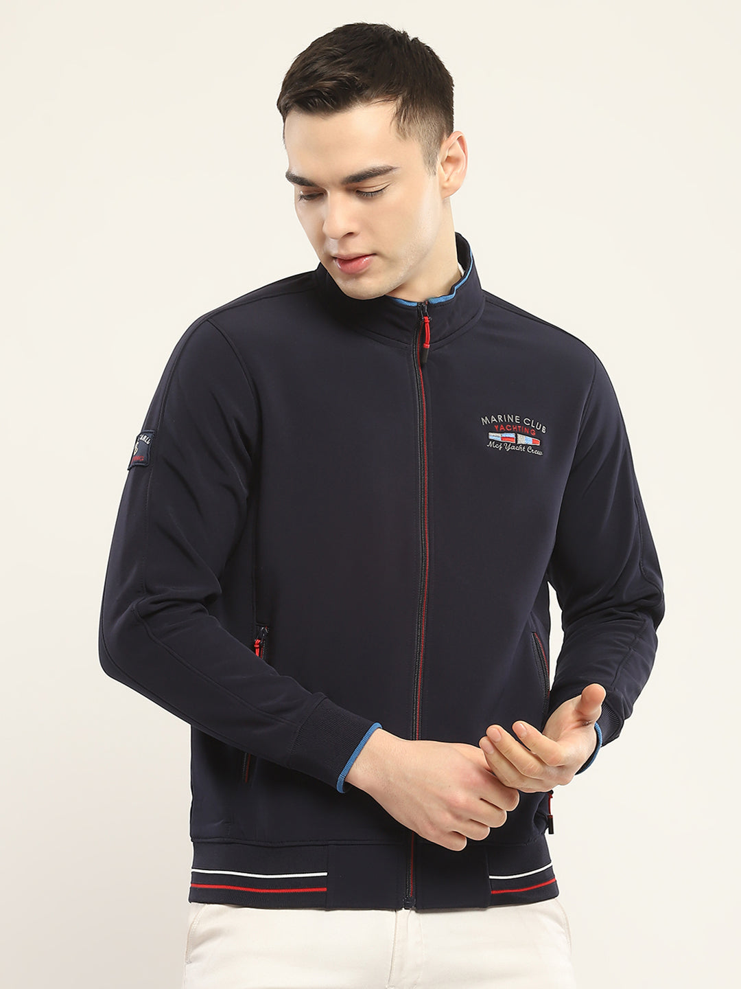 Men Navy Blue Self Design Mock Neck Full Sleeve Sweatshirt