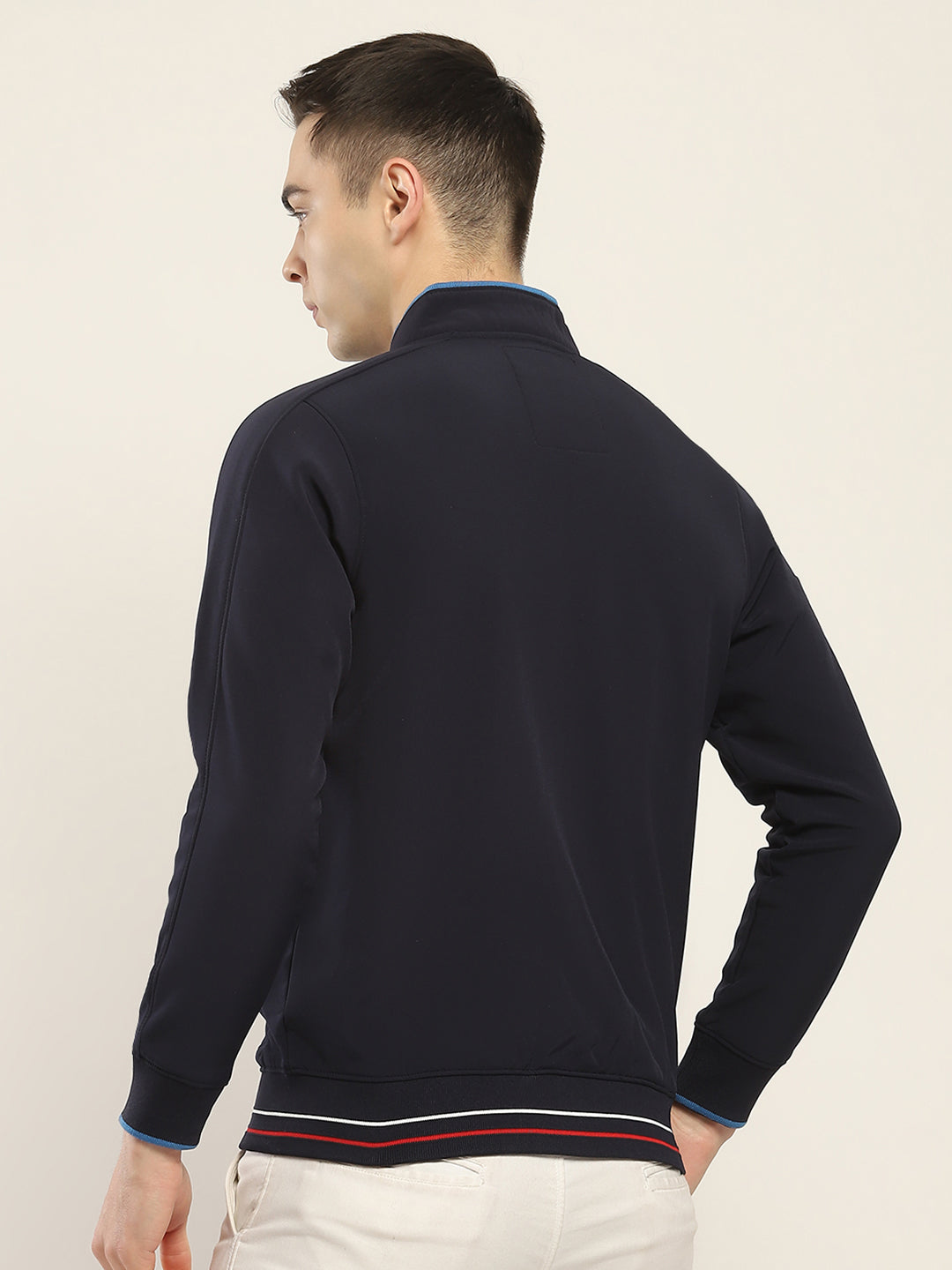 Men Navy Blue Self Design Mock Neck Full Sleeve Sweatshirt
