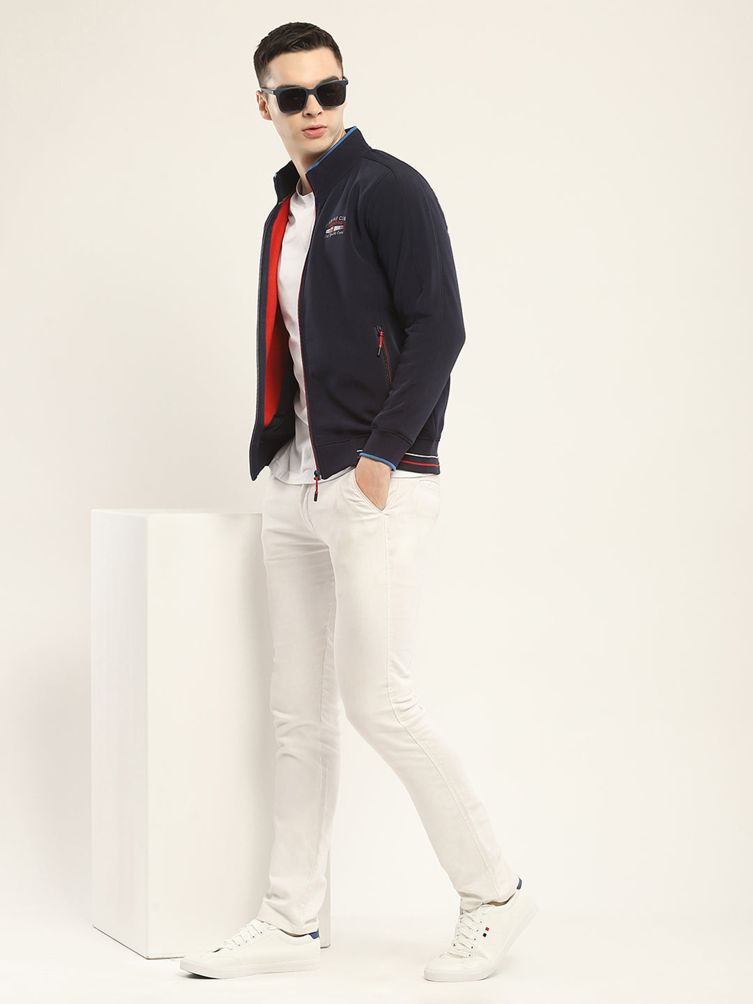 Men Navy Blue Self Design Mock Neck Full Sleeve Sweatshirt