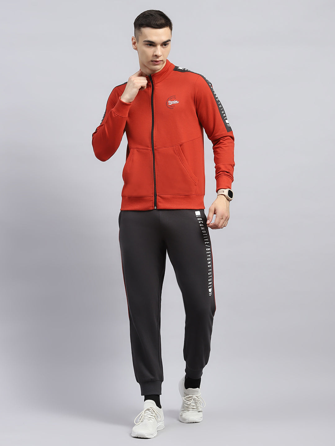 Men Rust Solid Mock Neck Full Sleeve Winter Tracksuit