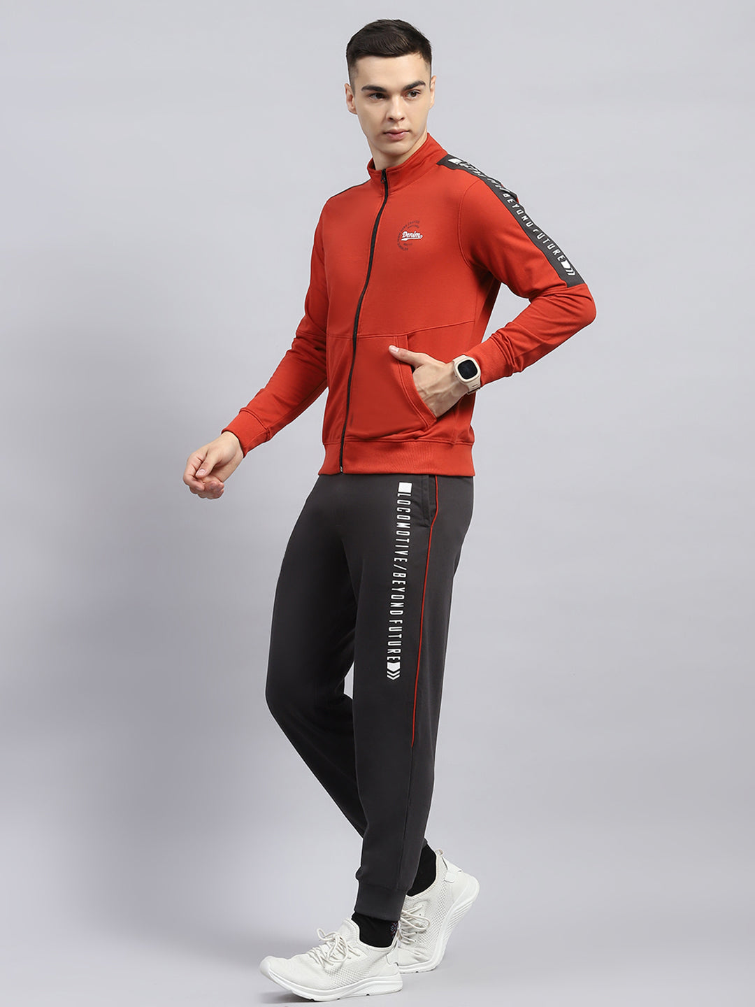 Men Rust Solid Mock Neck Full Sleeve Winter Tracksuit