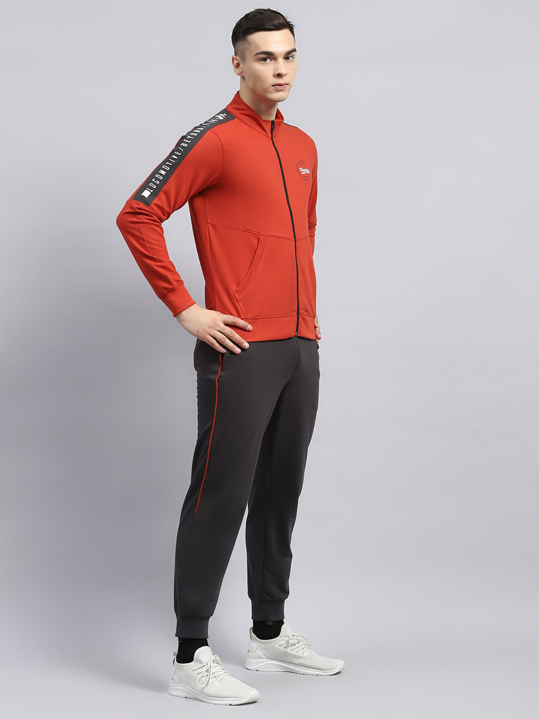 Men Rust Solid Mock Neck Full Sleeve Winter Tracksuit