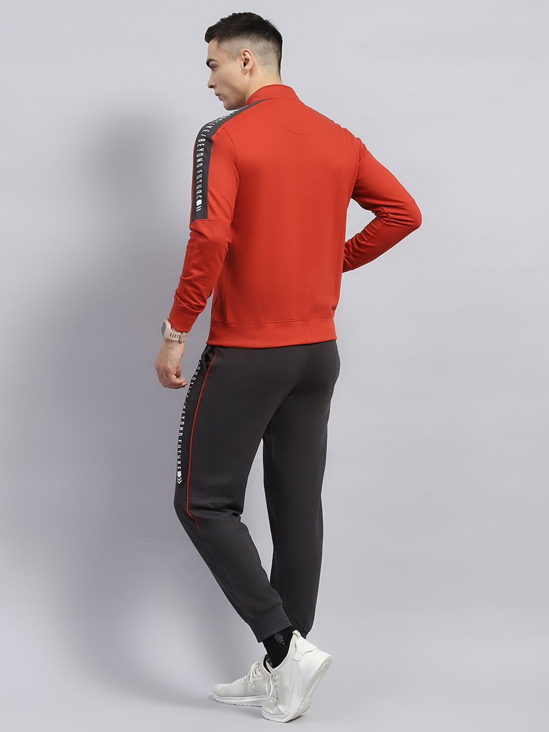 Men Rust Solid Mock Neck Full Sleeve Winter Tracksuit