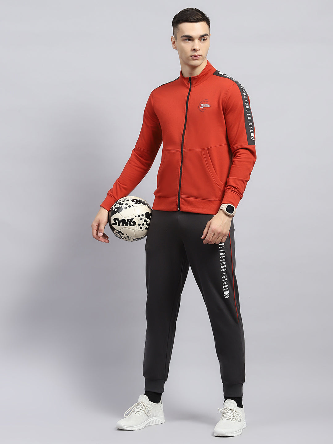 Men Rust Solid Mock Neck Full Sleeve Winter Tracksuit