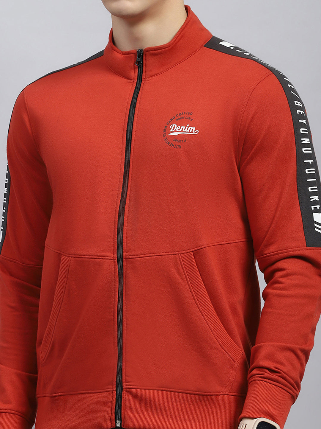 Men Rust Solid Mock Neck Full Sleeve Winter Tracksuit