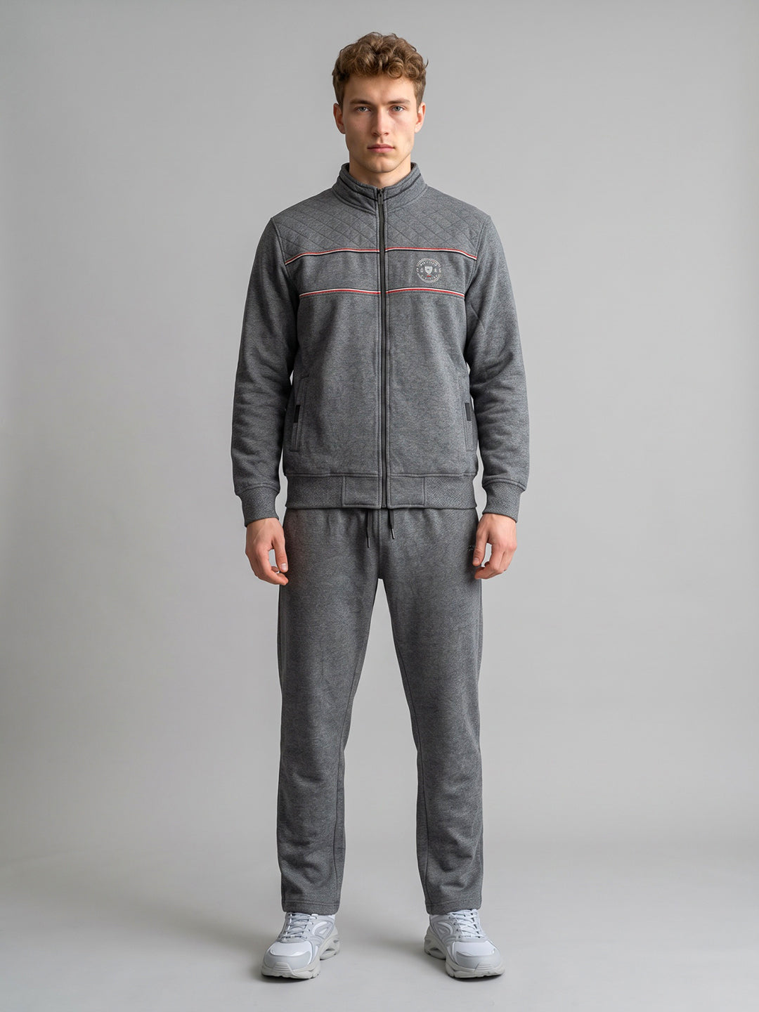 Men Grey Solid Collar Full Sleeve Winter Tracksuit