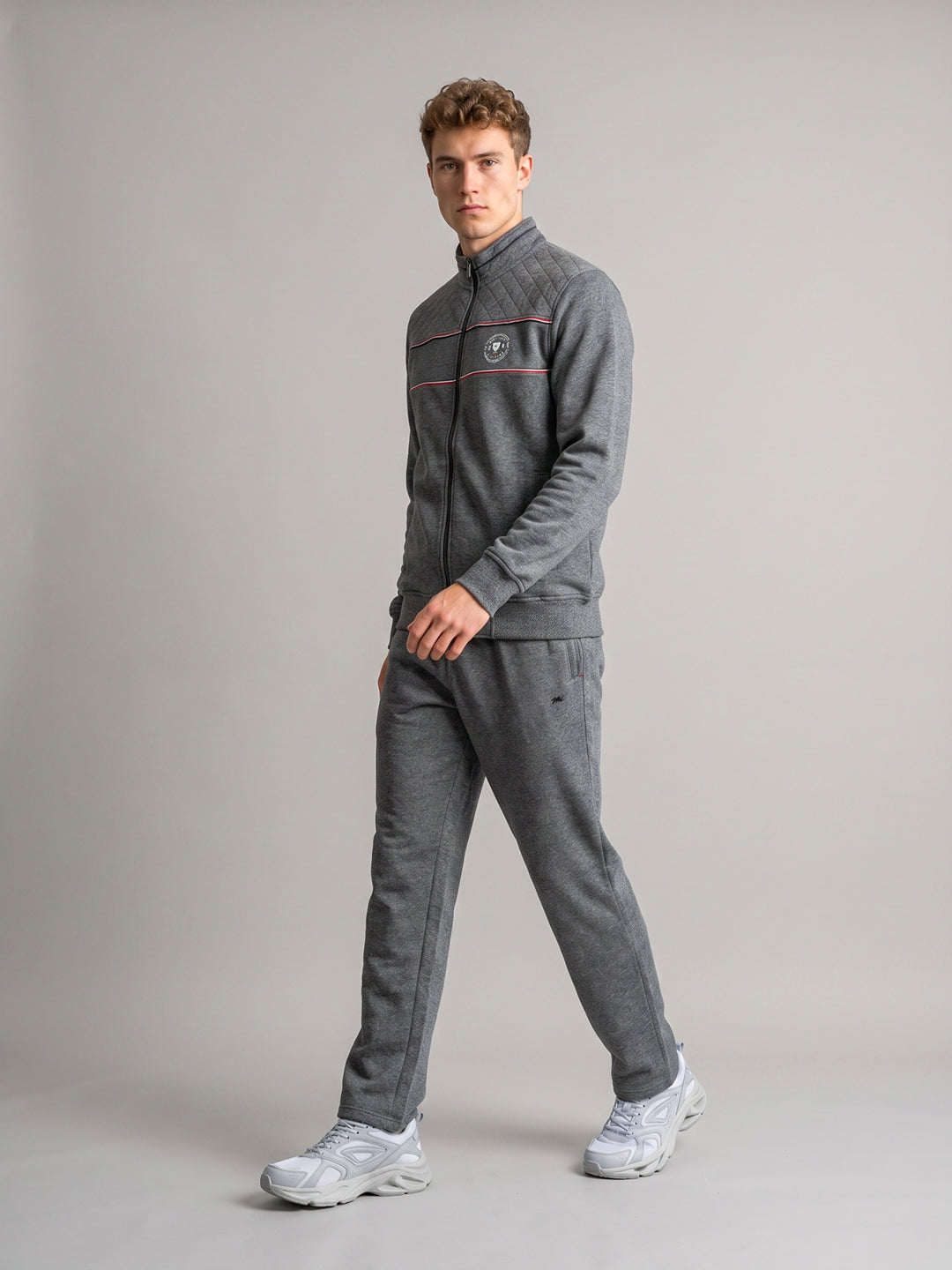 Men Grey Solid Collar Full Sleeve Winter Tracksuit