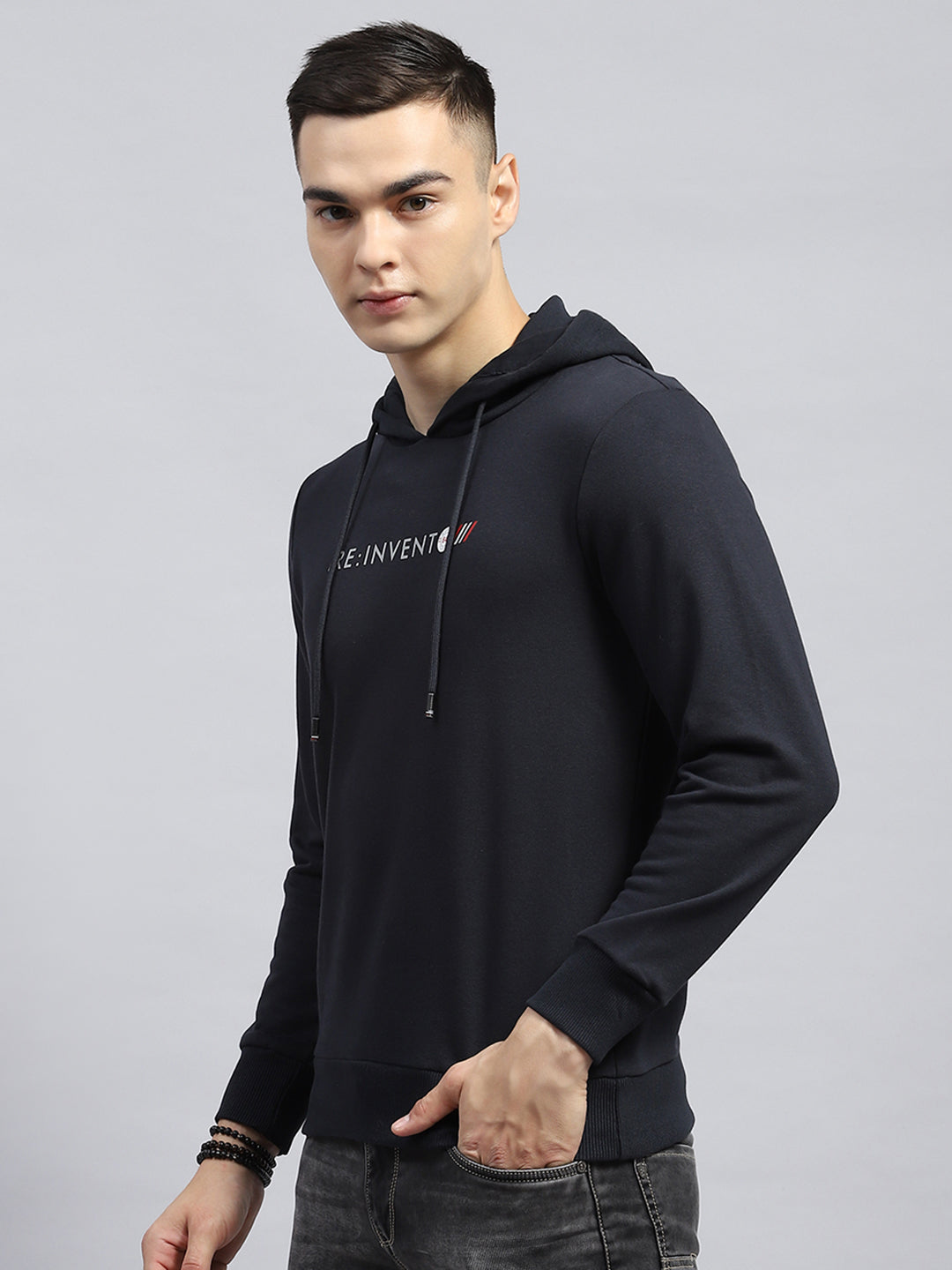 Men Navy Blue Printed Hooded Full Sleeve Sweatshirt