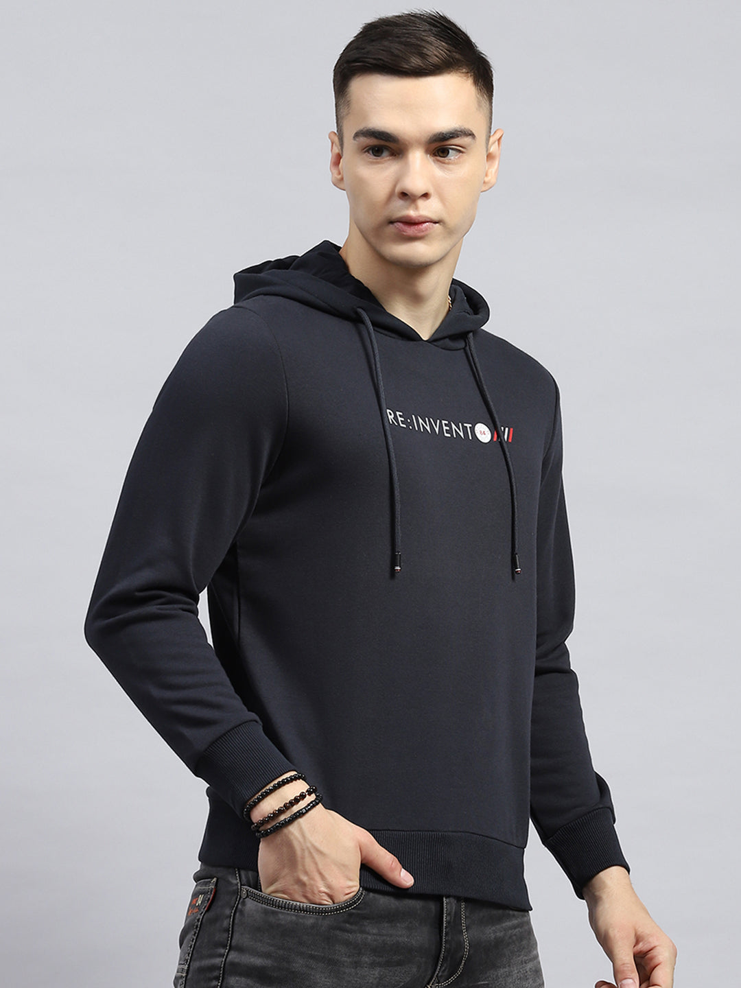 Men Navy Blue Printed Hooded Full Sleeve Sweatshirt