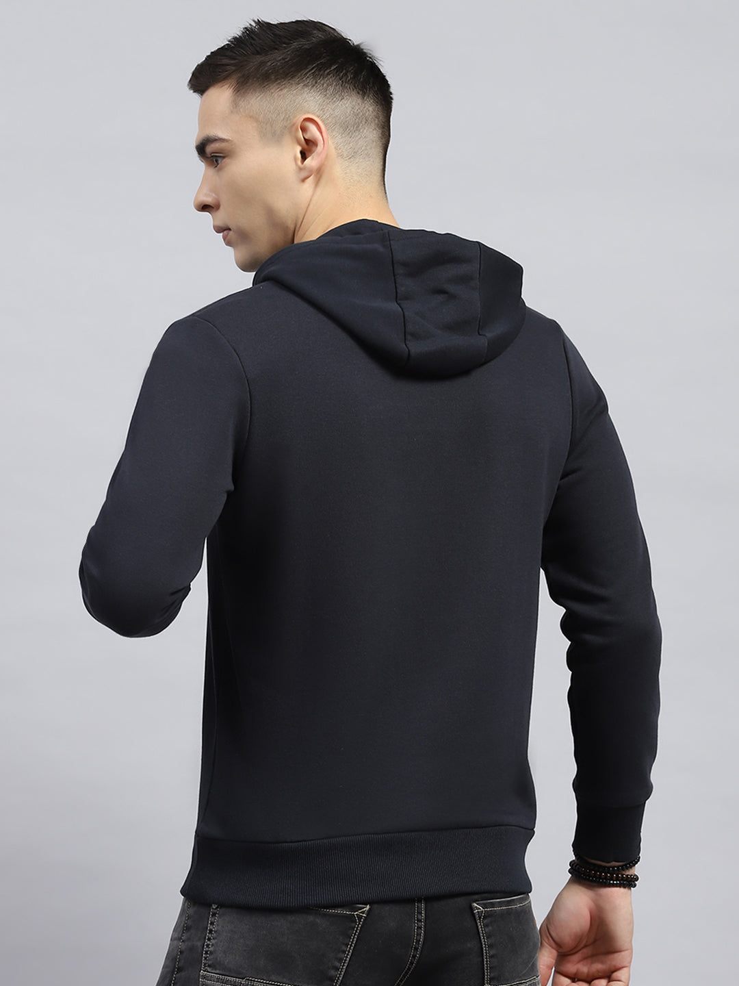 Men Navy Blue Printed Hooded Full Sleeve Sweatshirt