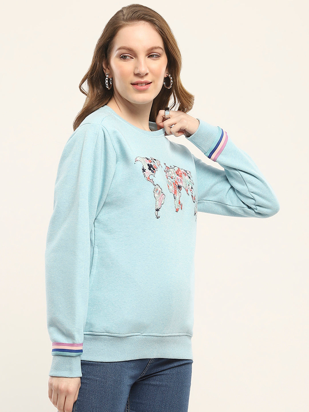 Women Blue Printed Round Neck Full Sleeve Sweatshirt