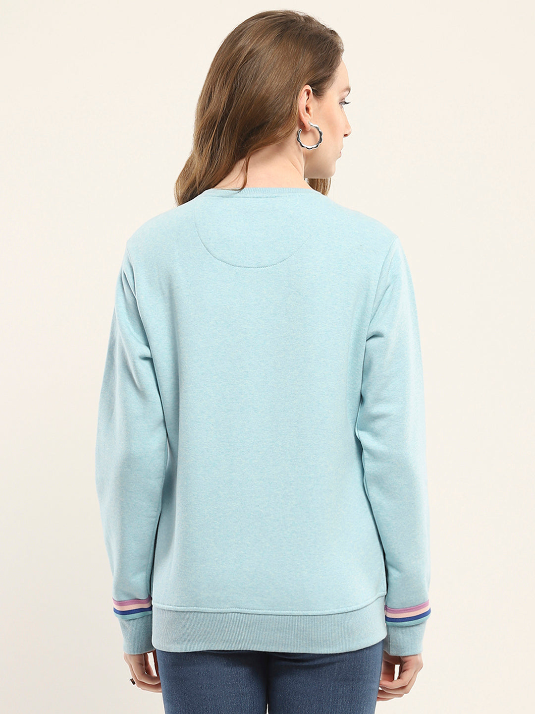 Women Blue Printed Round Neck Full Sleeve Sweatshirt