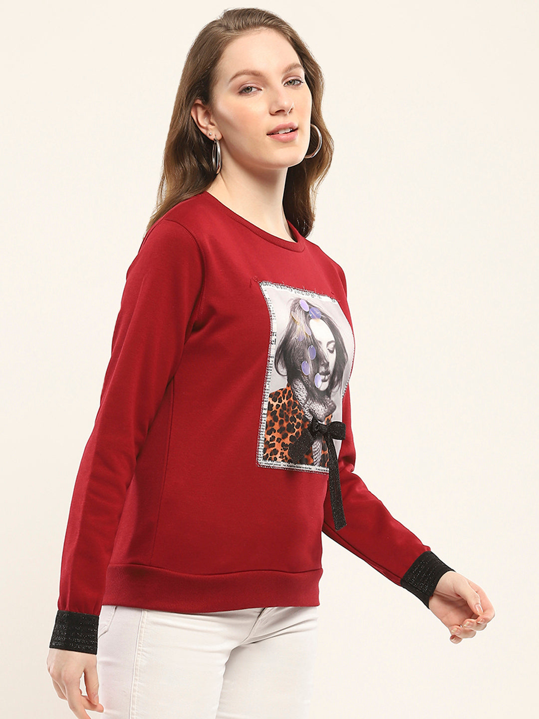 Women Maroon Printed Round Neck Full Sleeve Sweatshirt