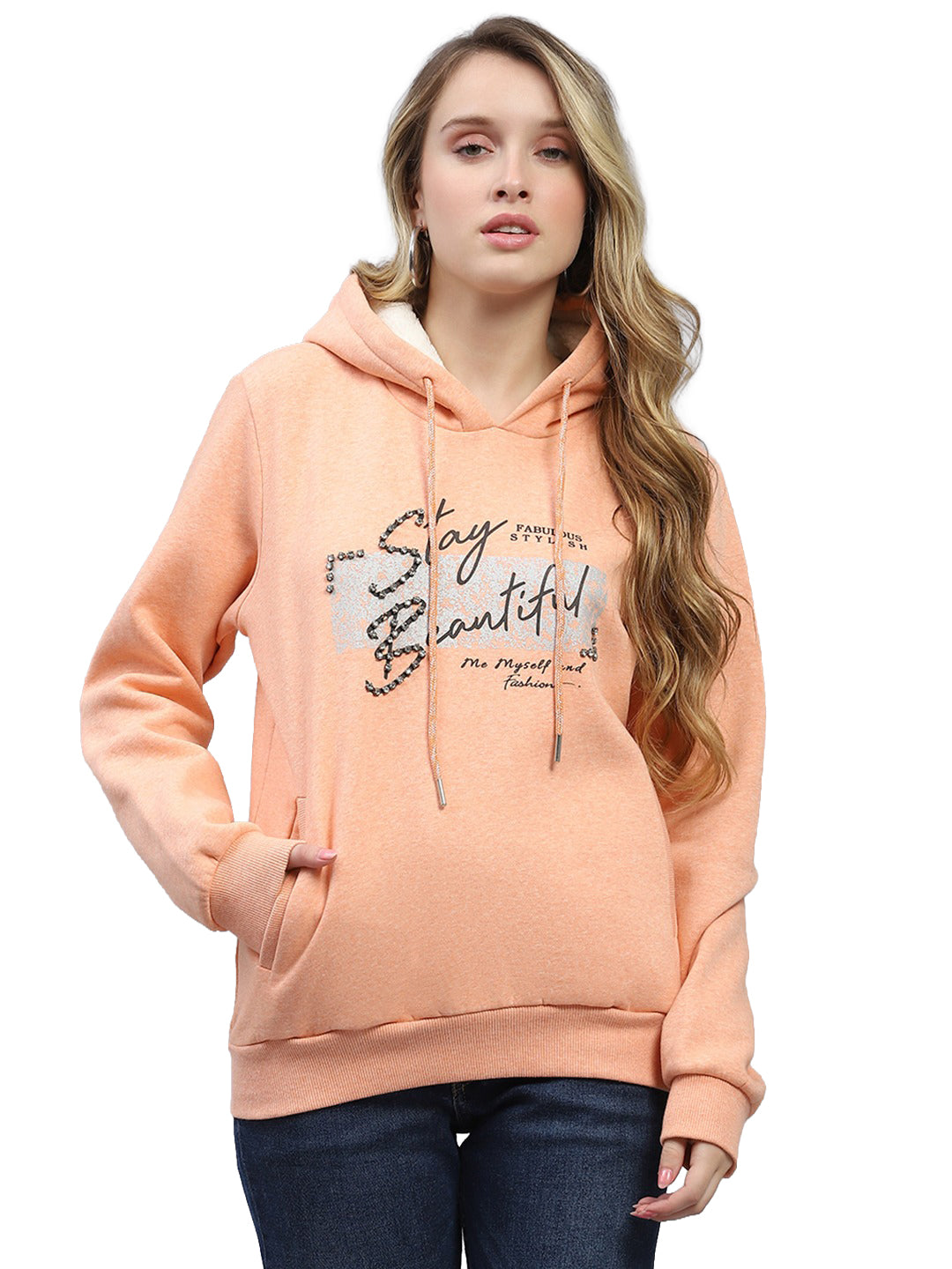 Women Peach Embroidered Hooded Full Sleeve Sweatshirt