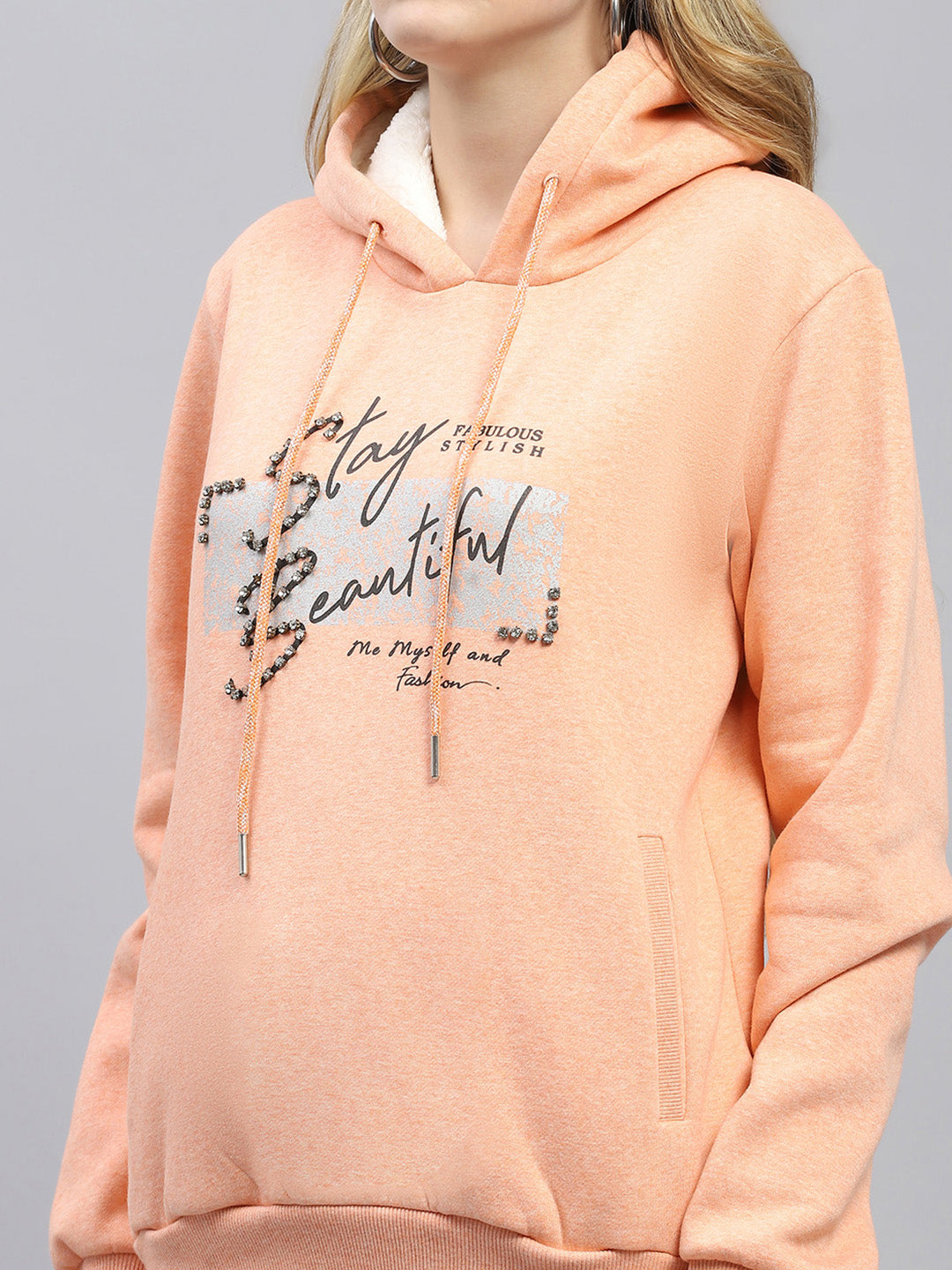 Women Peach Embroidered Hooded Full Sleeve Sweatshirt