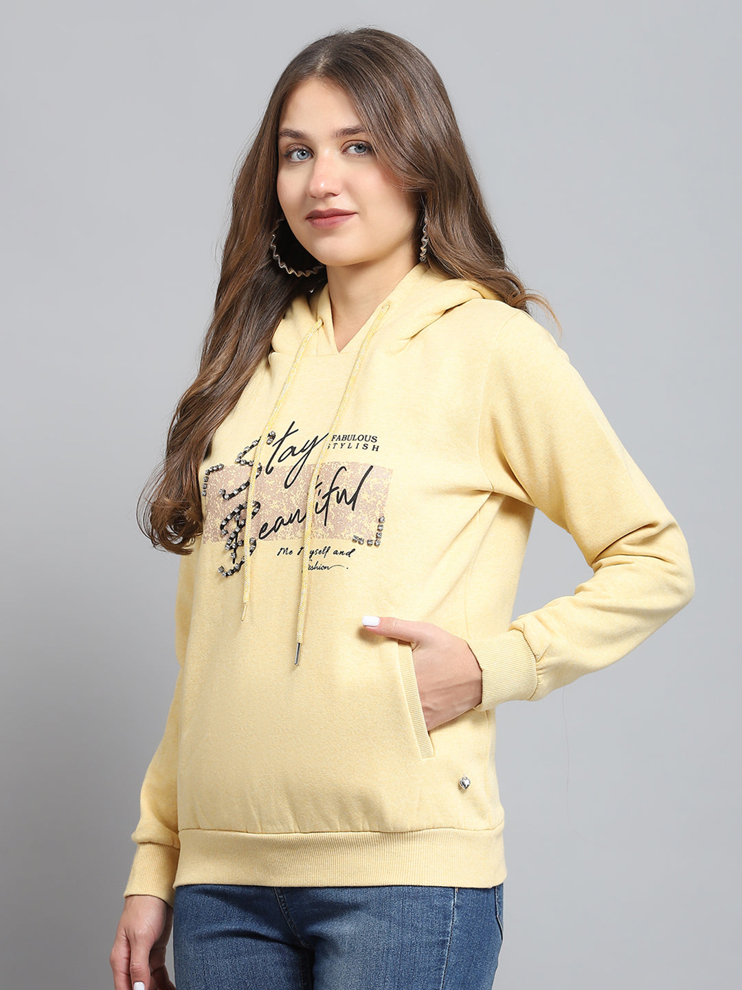 Women Yellow Printed Hooded Full Sleeve Sweatshirt