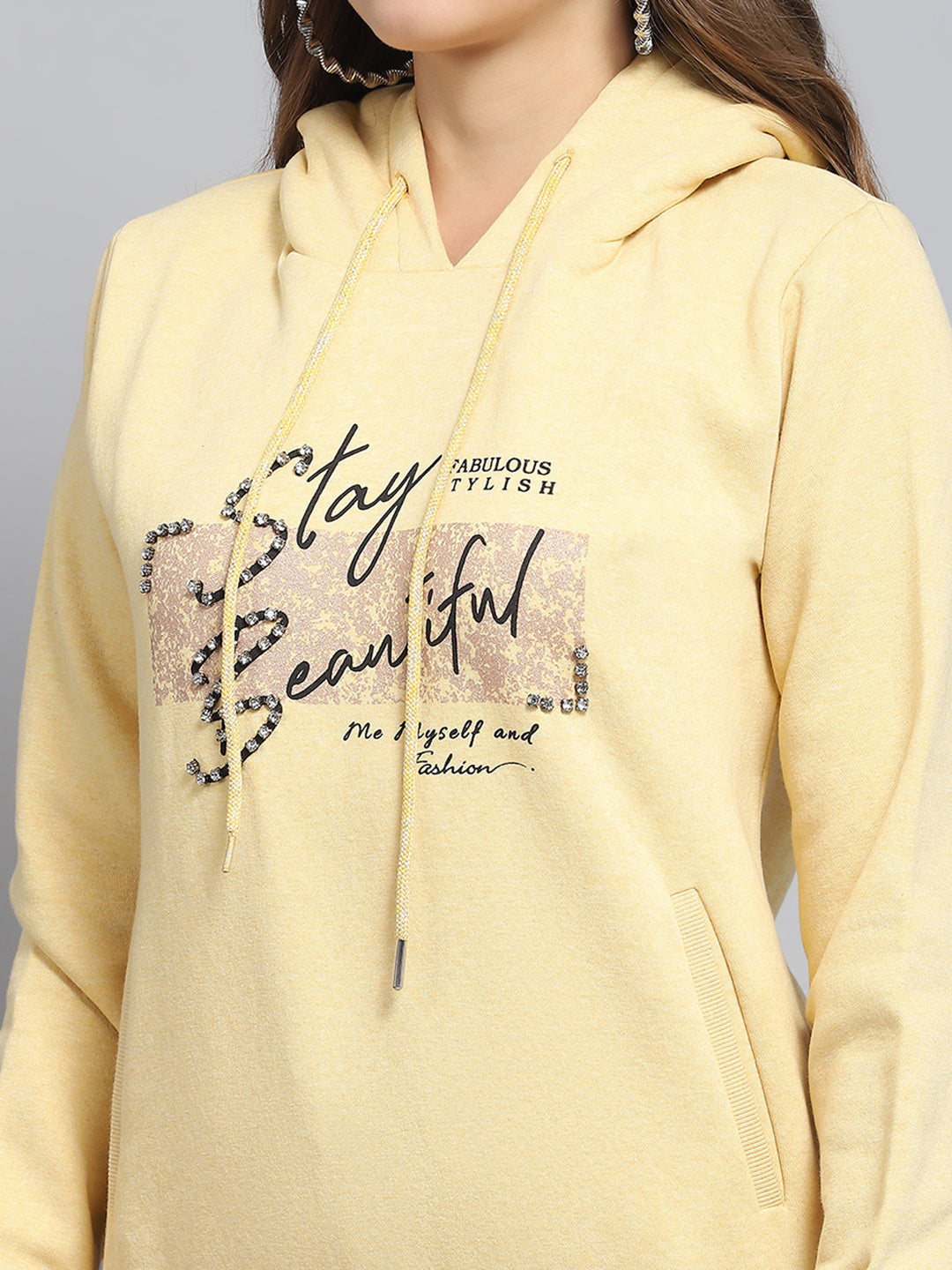 Women Yellow Printed Hooded Full Sleeve Sweatshirt