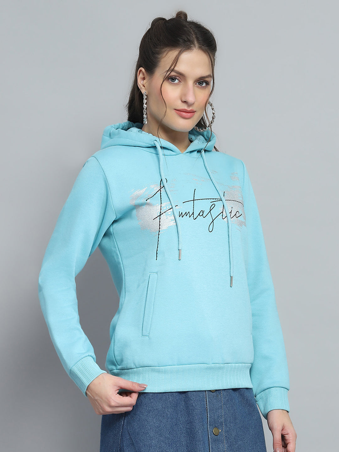 Women Blue Printed Hooded Full Sleeve Sweatshirt