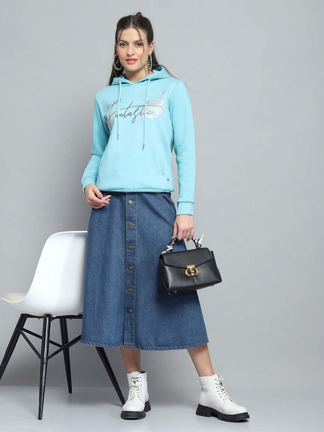Women Blue Printed Hooded Full Sleeve Sweatshirt