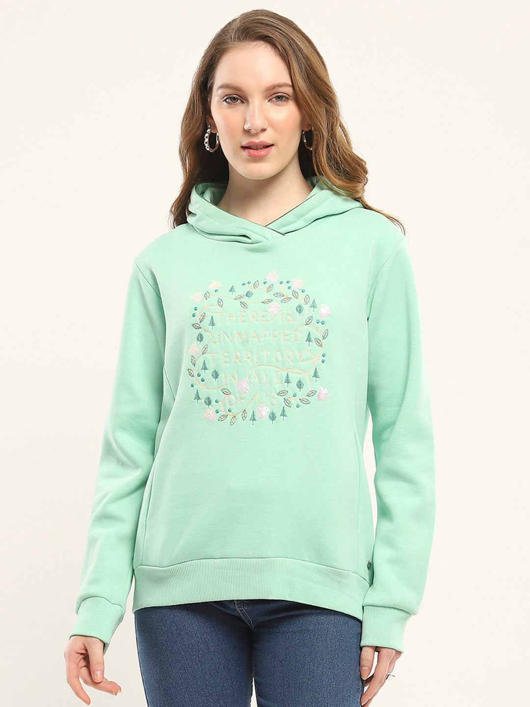 Women Green Printed Hooded Full Sleeve Sweatshirt
