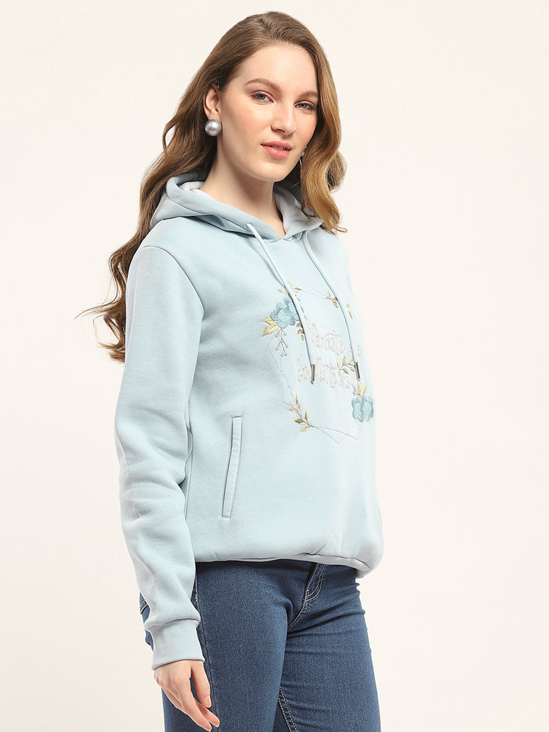 Women Blue Printed Hooded Full Sleeve Sweatshirt