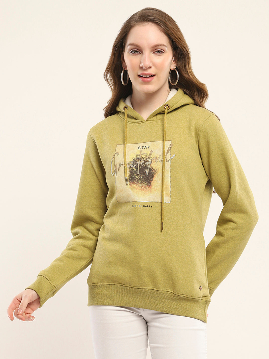 Women Mustard Printed Hooded Full Sleeve Sweatshirt