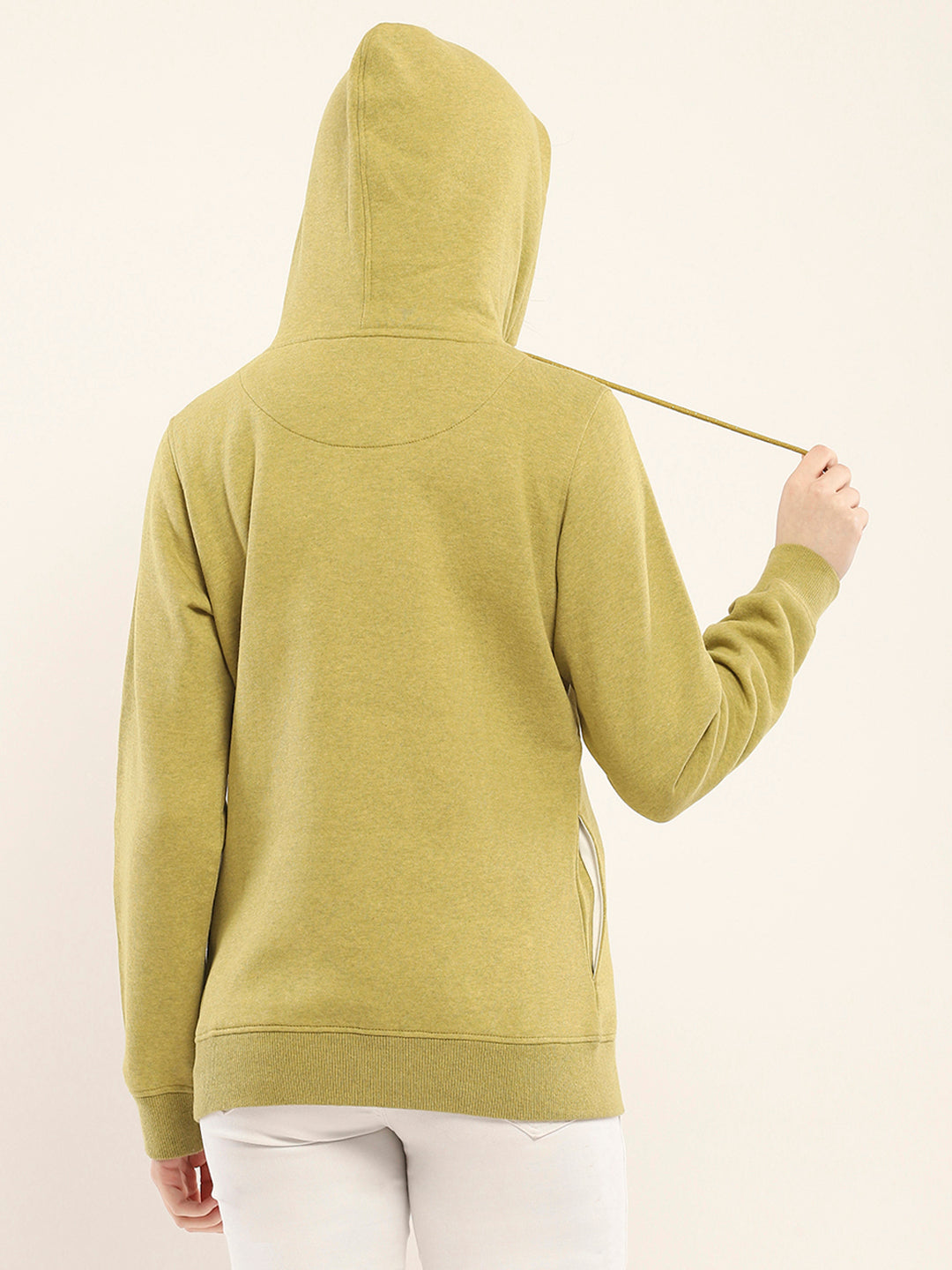 Women Mustard Printed Hooded Full Sleeve Sweatshirt