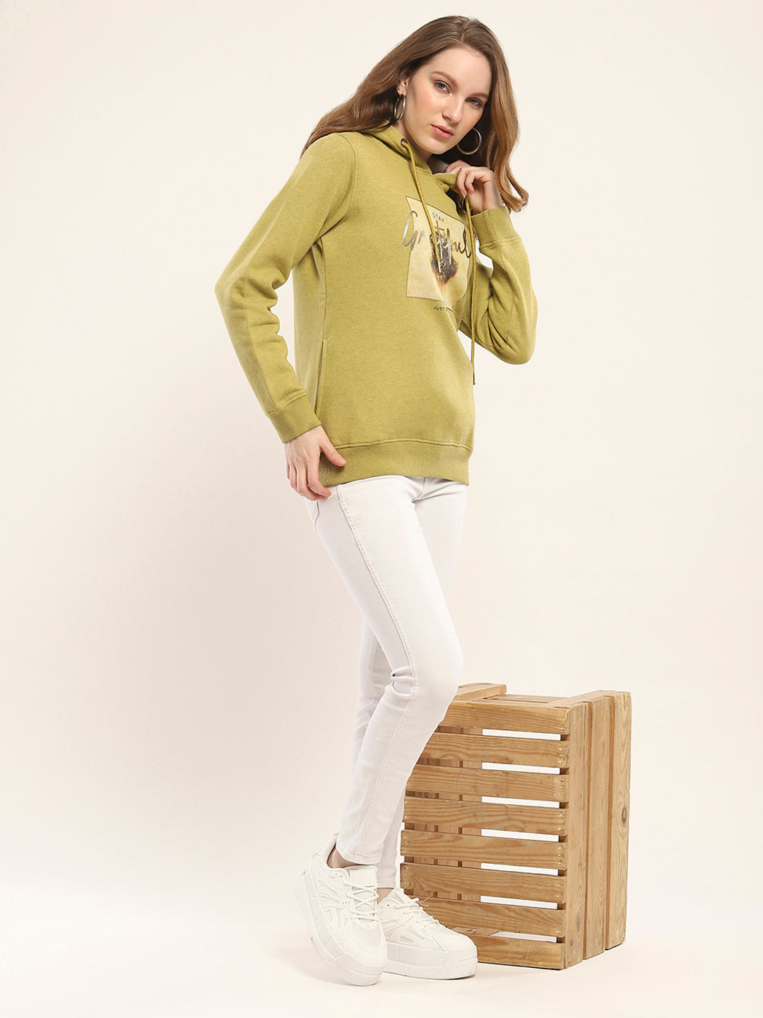 Women Mustard Printed Hooded Full Sleeve Sweatshirt