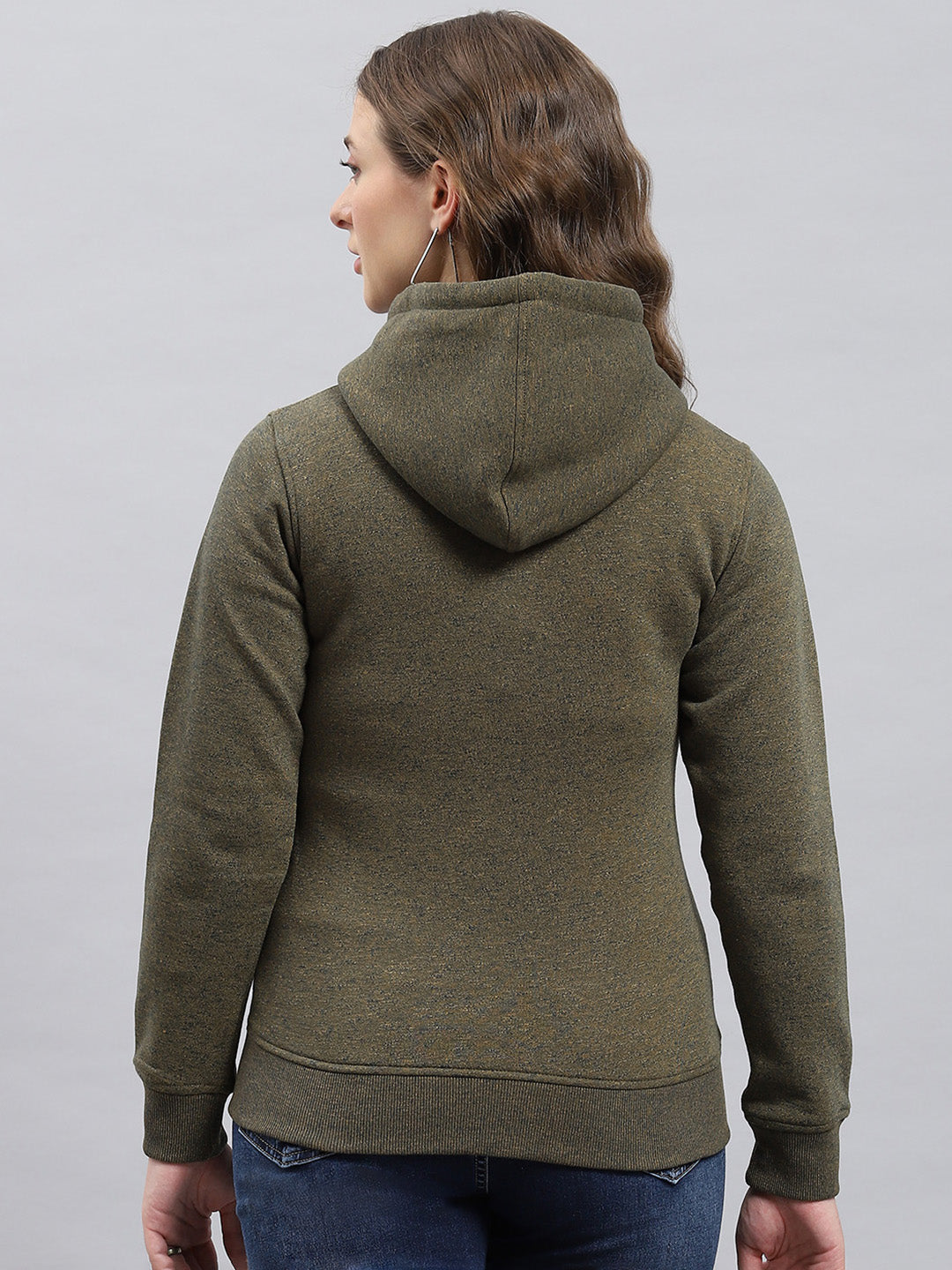 Women Green Jaquard Hooded Full Sleeve Sweatshirt