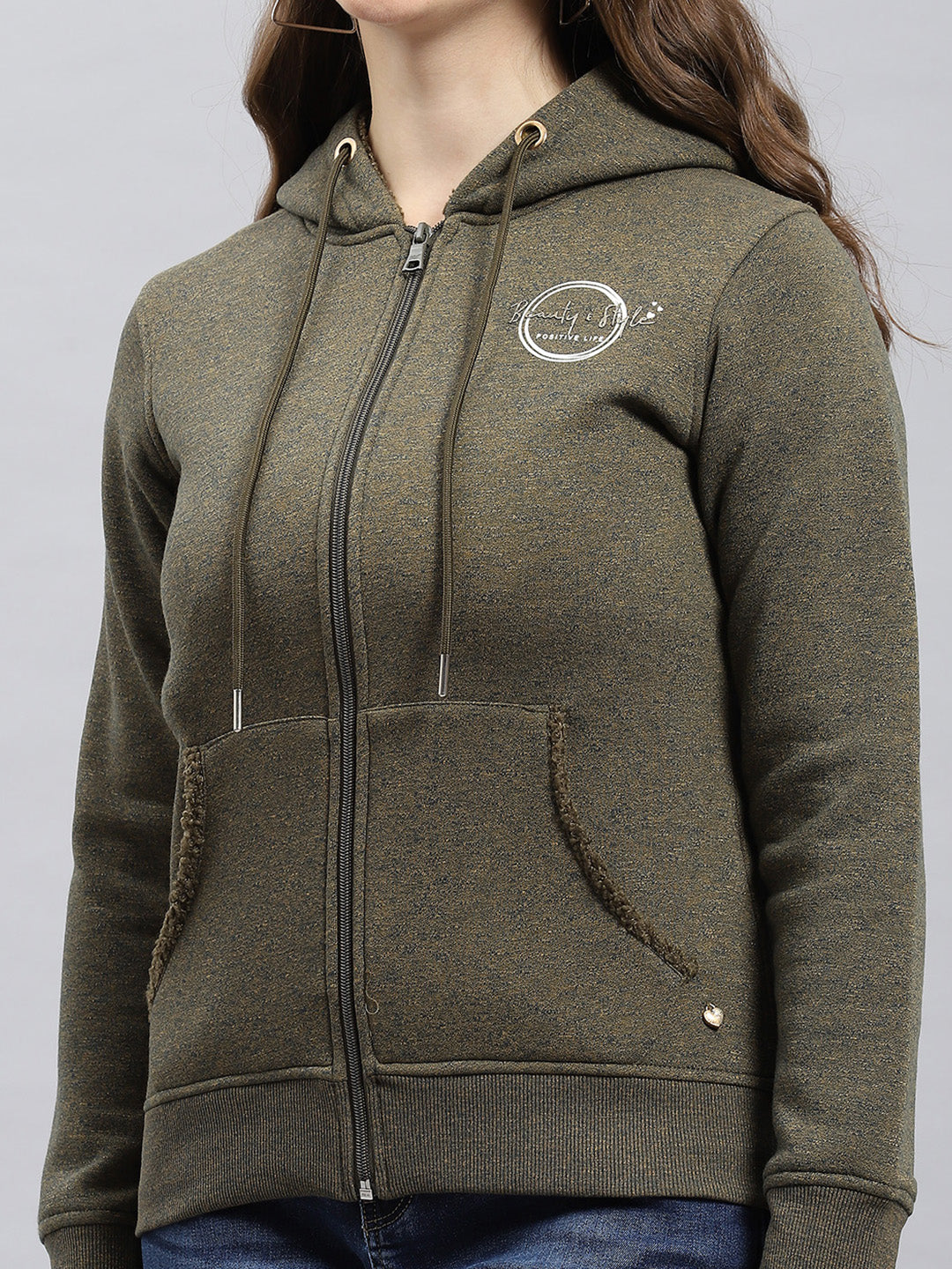 Women Green Jaquard Hooded Full Sleeve Sweatshirt