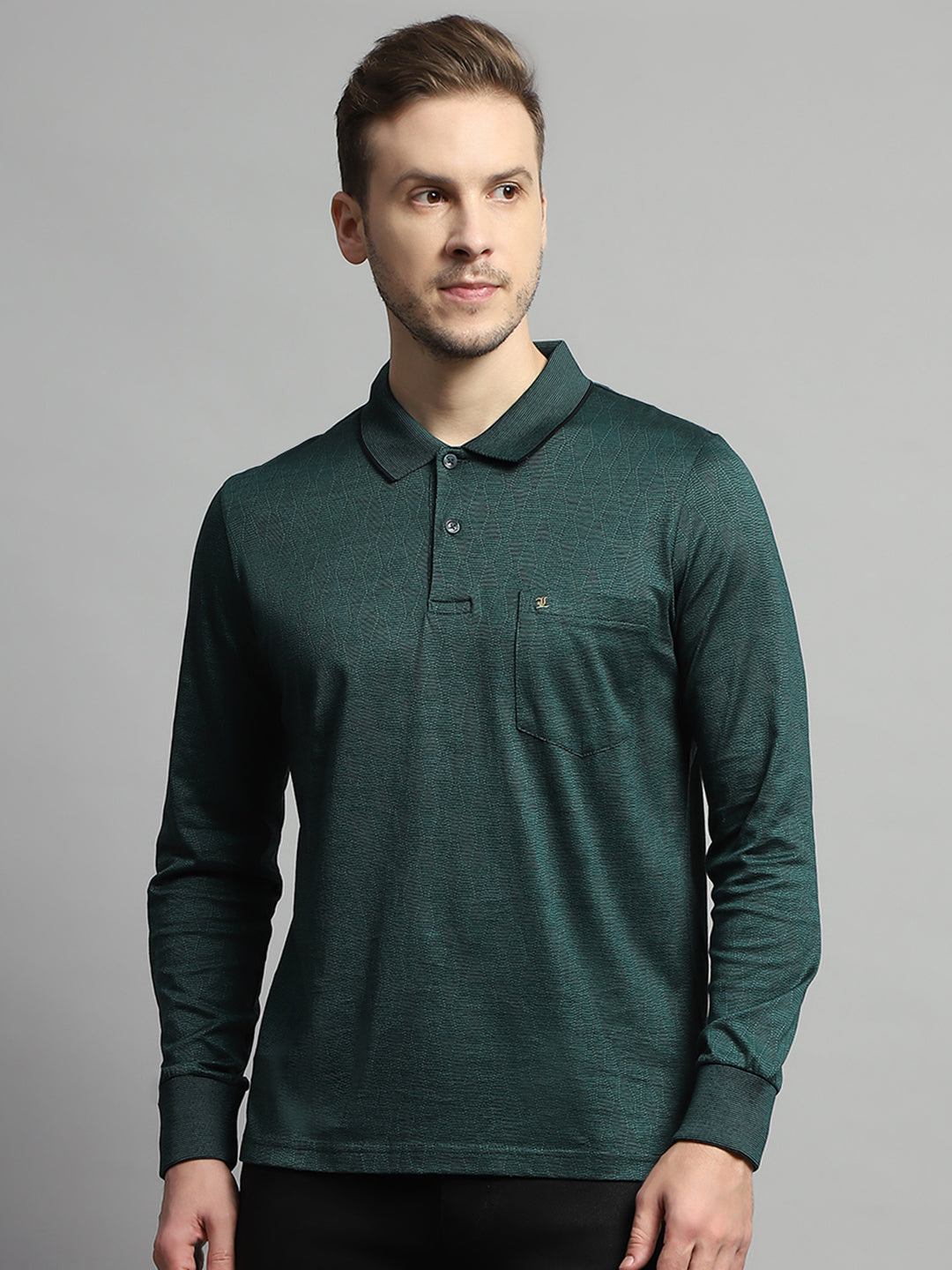 Luxuria Men Green Self Design Collar Full Sleeve Winter T-Shirt