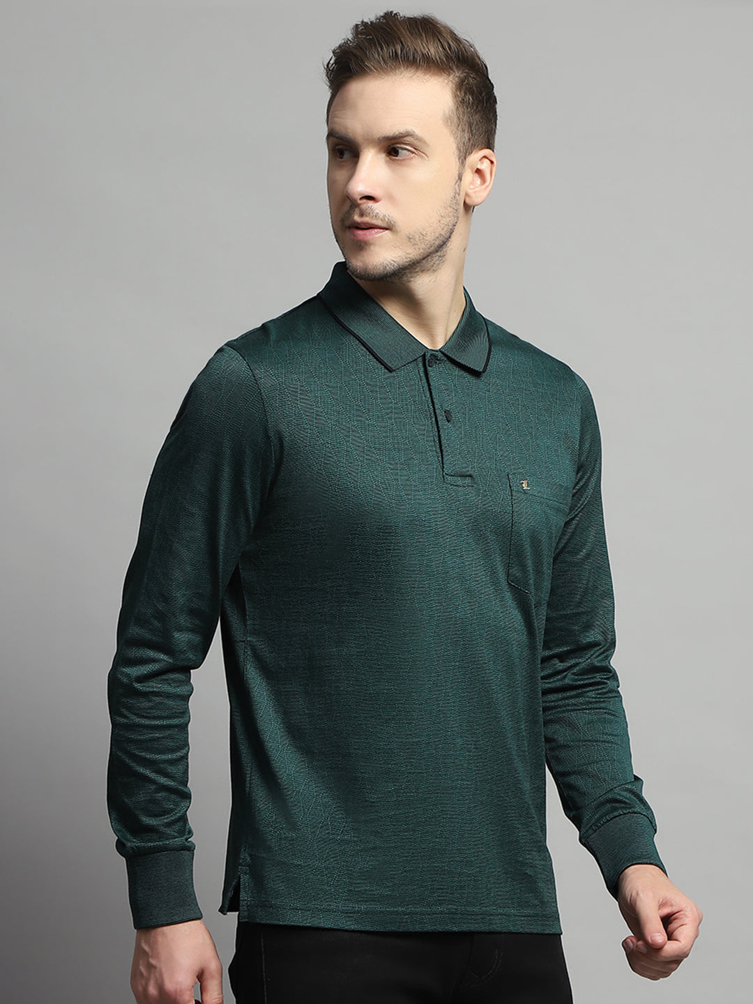 Luxuria Men Green Self Design Collar Full Sleeve Winter T-Shirt
