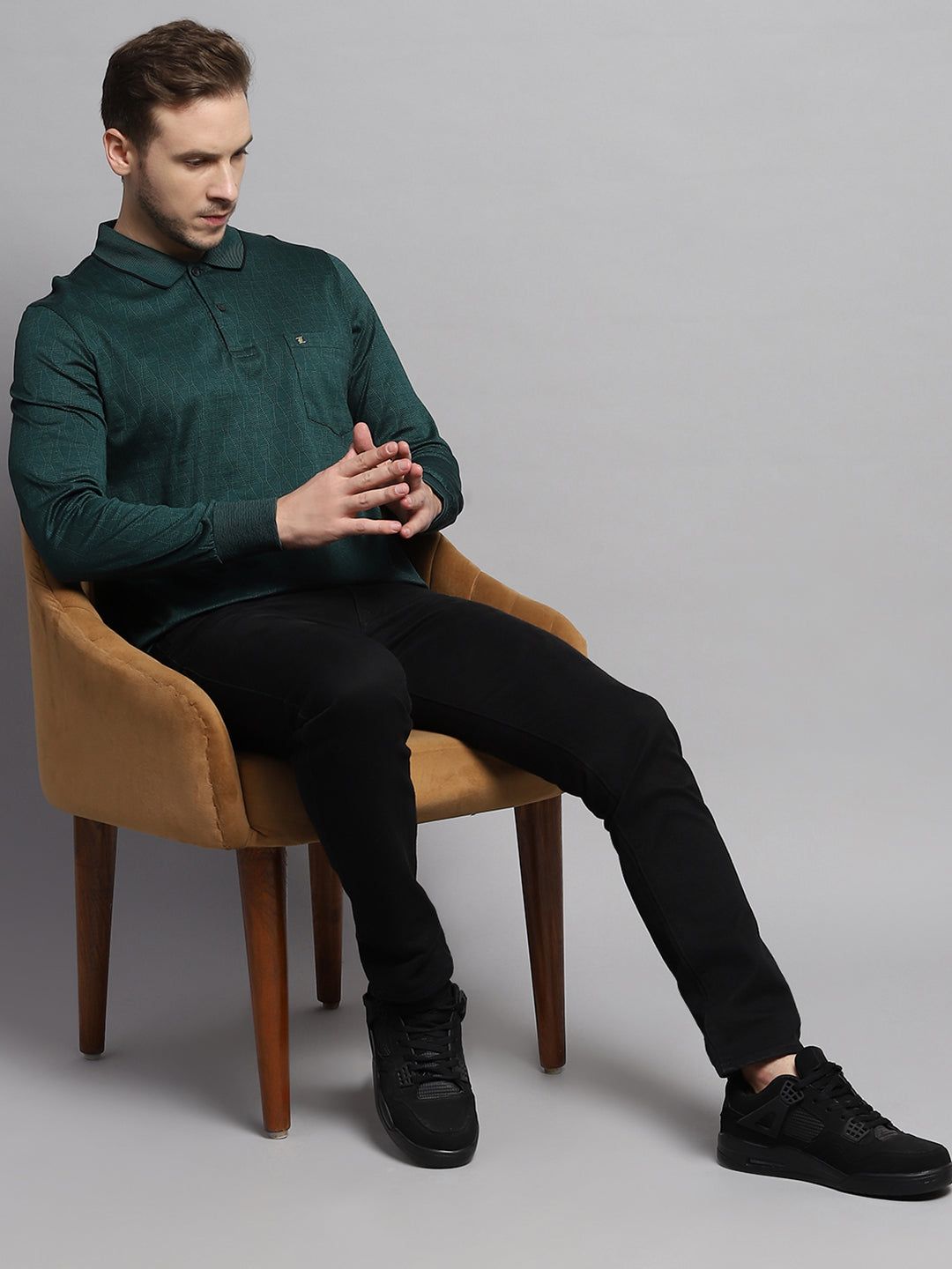 Luxuria Men Green Self Design Collar Full Sleeve Winter T-Shirt