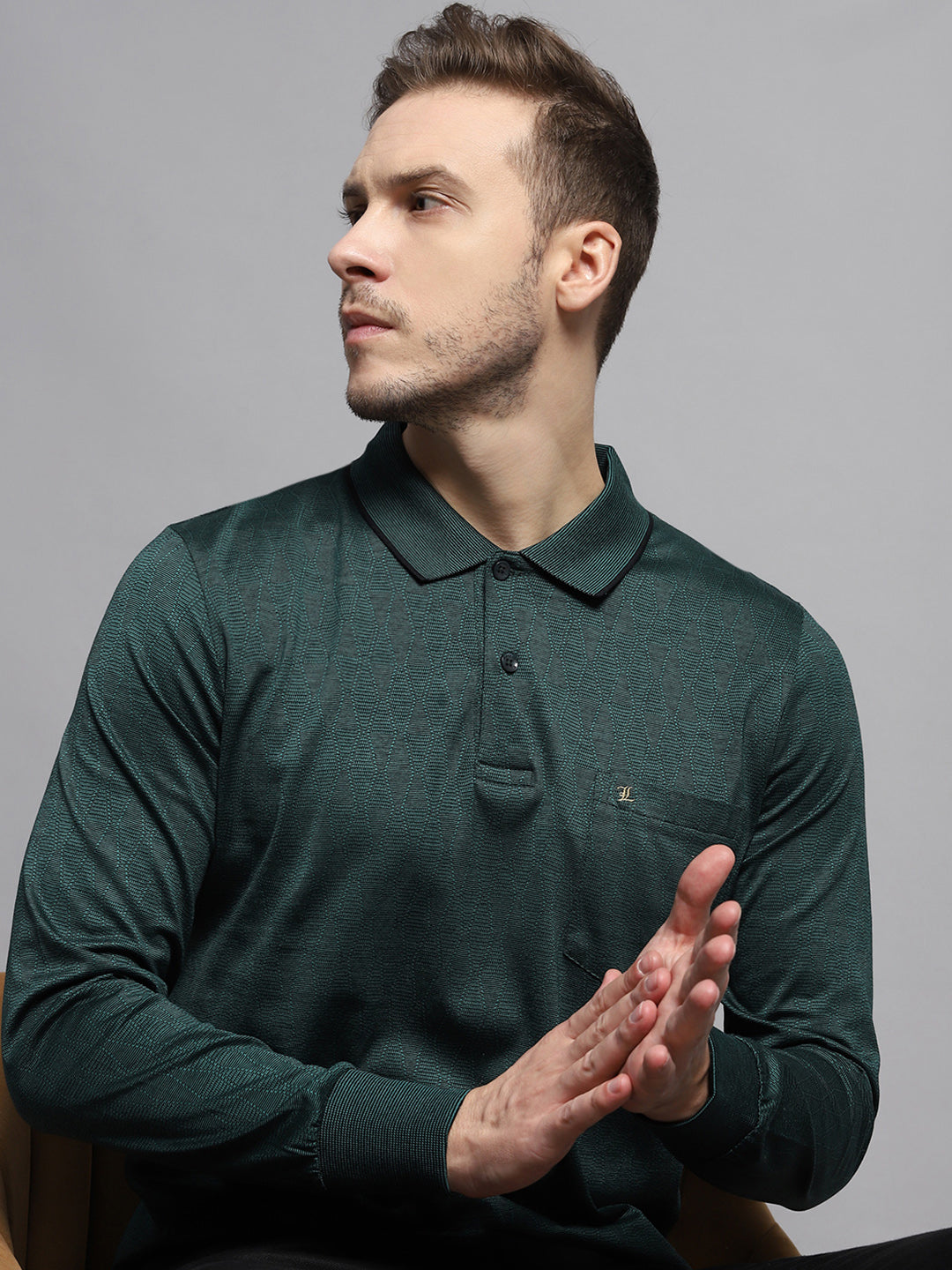 Luxuria Men Green Self Design Collar Full Sleeve Winter T-Shirt