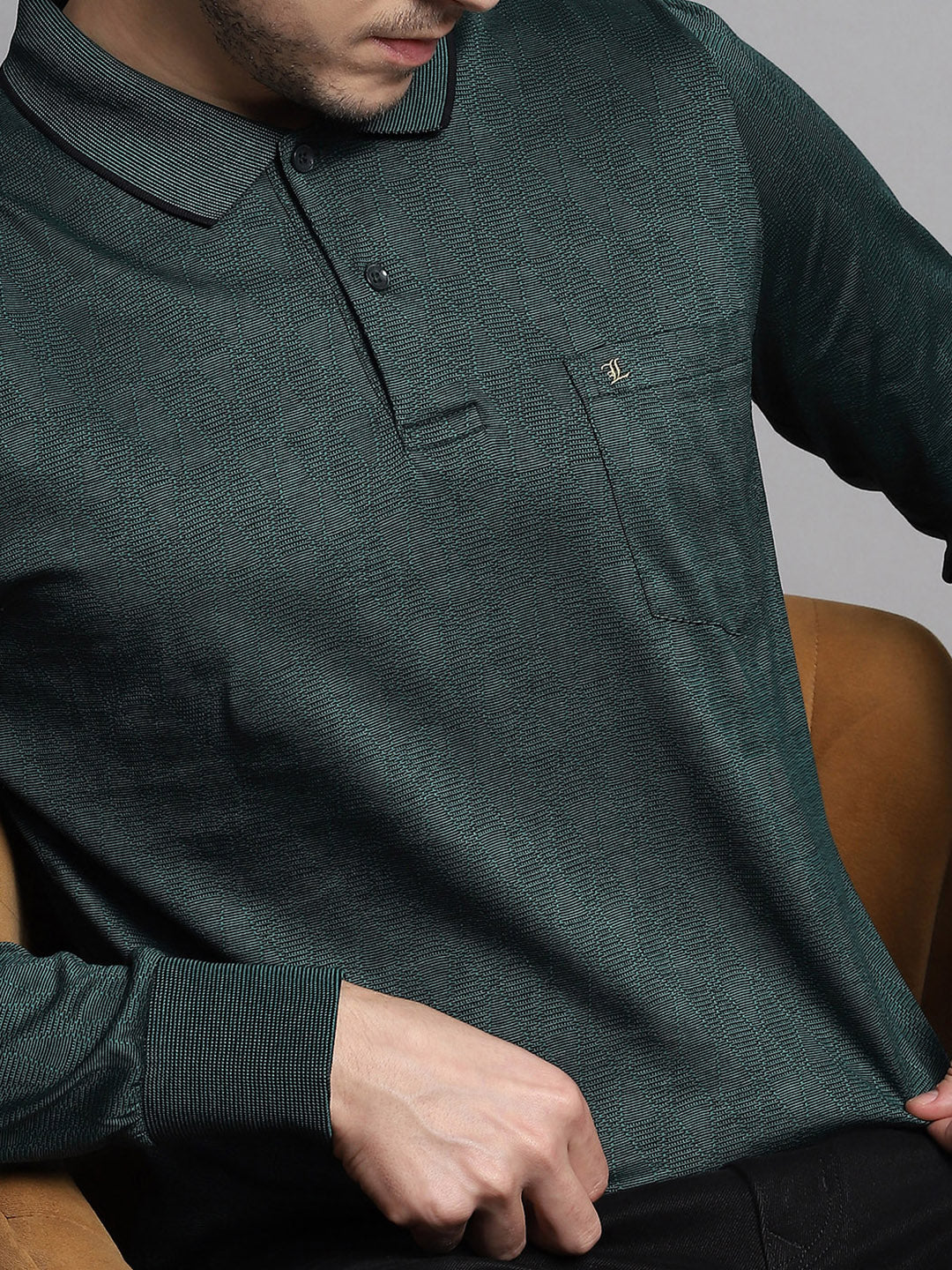 Luxuria Men Green Self Design Collar Full Sleeve Winter T-Shirt